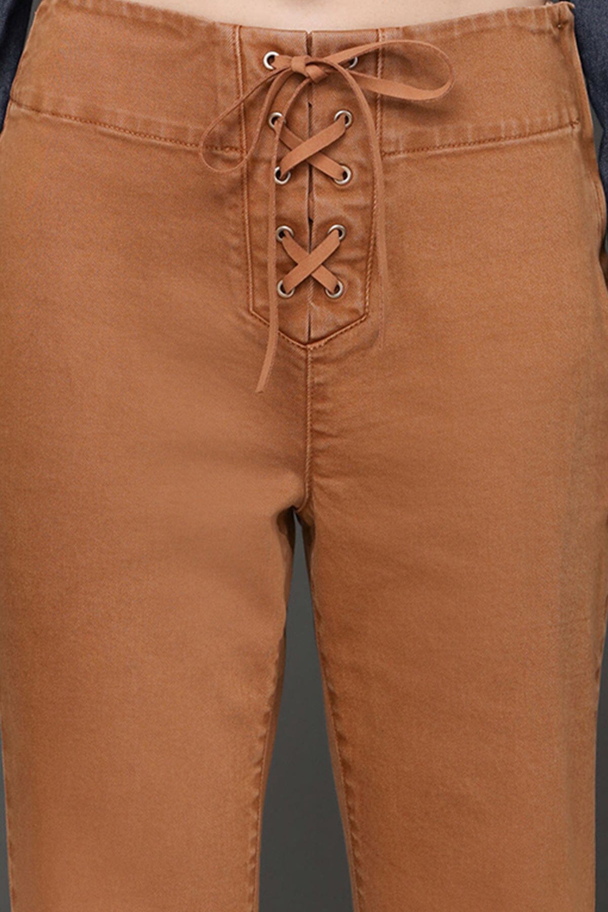Lace up washed cotton high-rise flare brown pants with patch pockets - Cute women's pants by Avec Les Filles