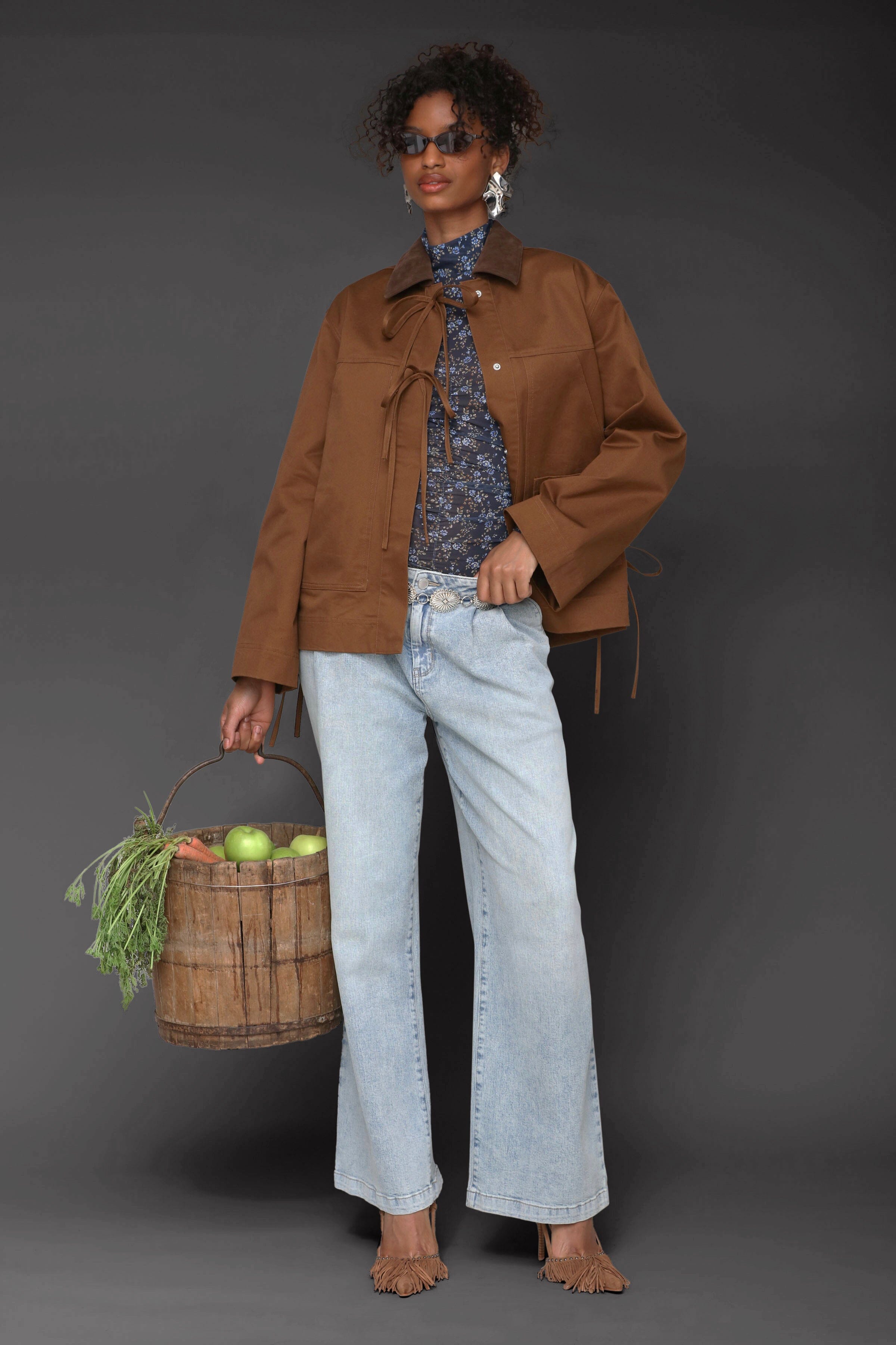 Bow front cotton chore brown jacket with long sleeves, snap-front and patch pockets - Cute women's jackets by Avec Les Filles