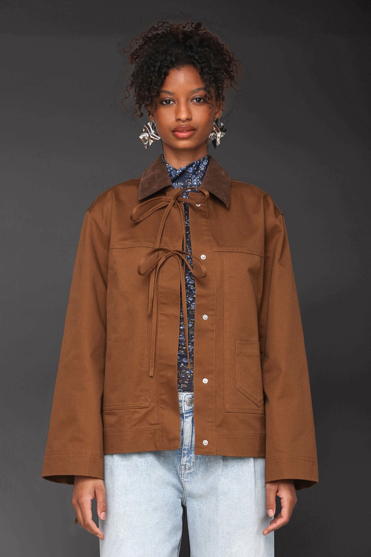 Bow front cotton chore brown jacket with long sleeves, snap-front and patch pockets - Cute women's jackets by Avec Les Filles