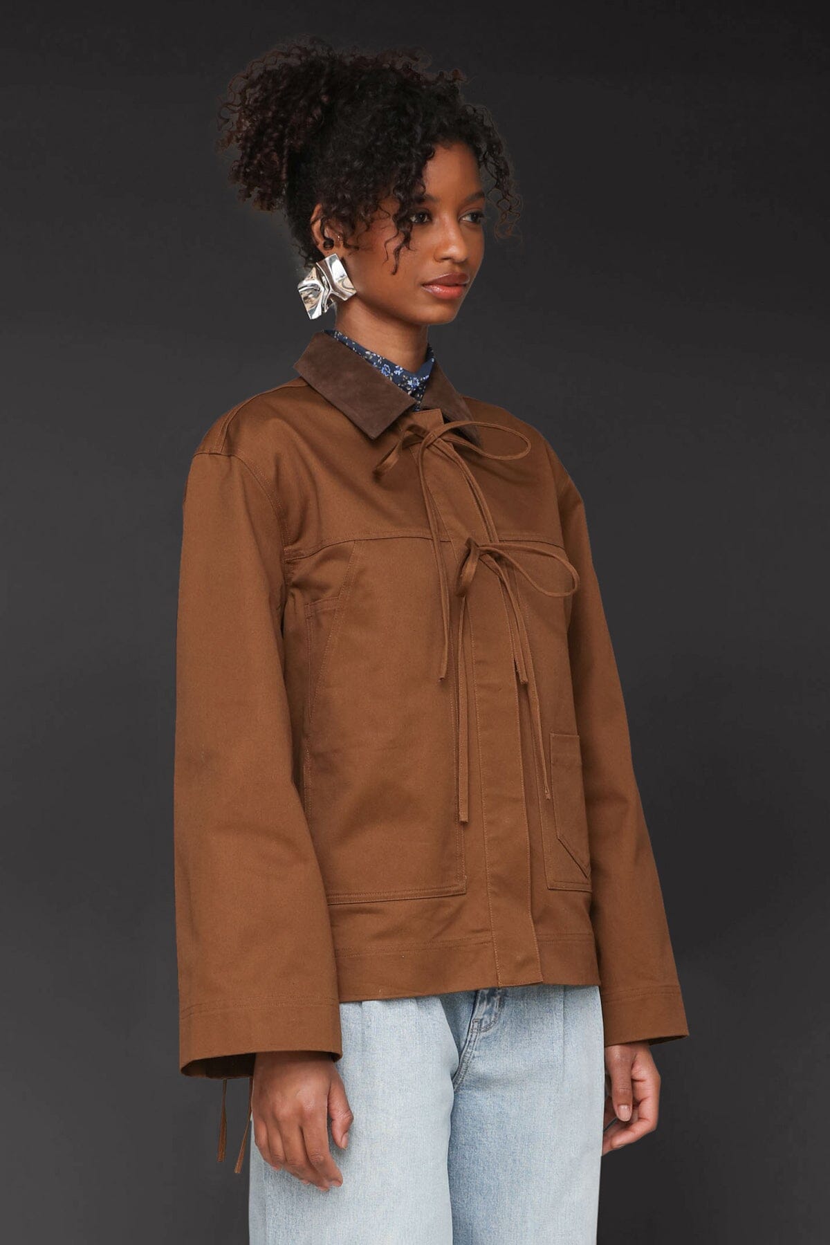 Bow front cotton chore brown jacket with long sleeves, snap-front and patch pockets - Cute women's jackets by Avec Les Filles