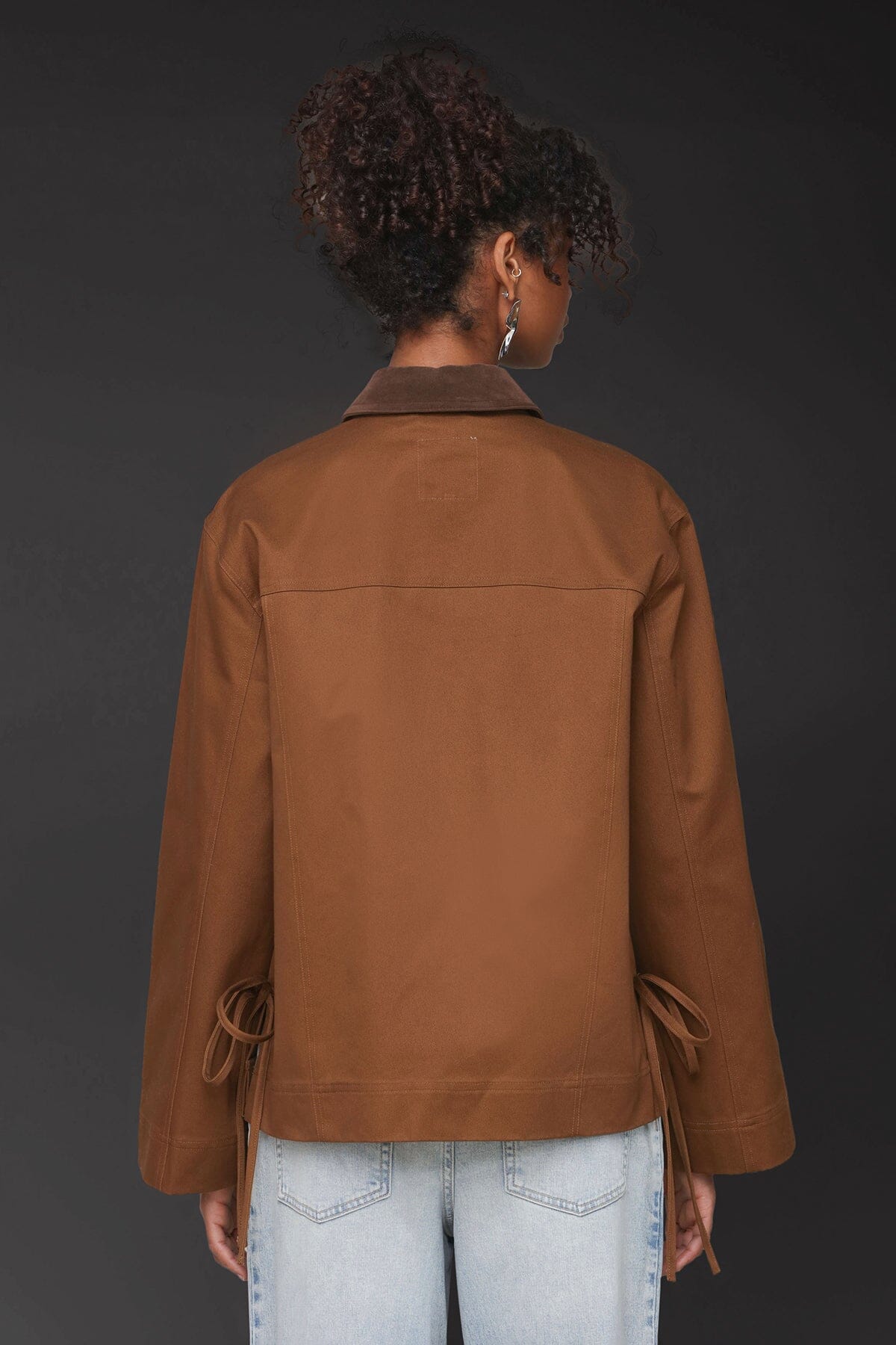 Bow front cotton chore brown jacket with long sleeves, snap-front and patch pockets - Cute women's jackets by Avec Les Filles
