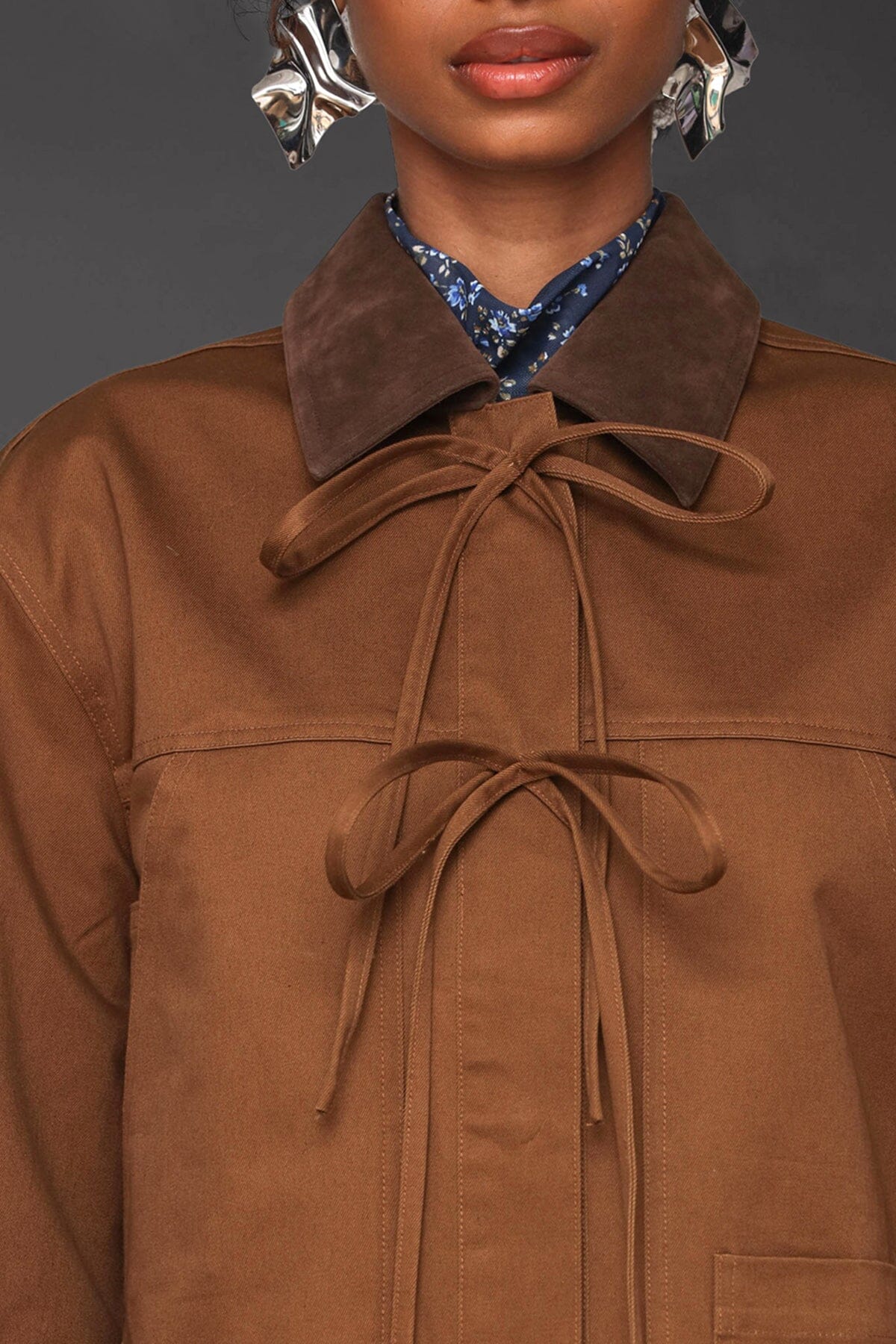 Bow front cotton chore brown jacket with long sleeves, snap-front and patch pockets - Cute women's jackets by Avec Les Filles