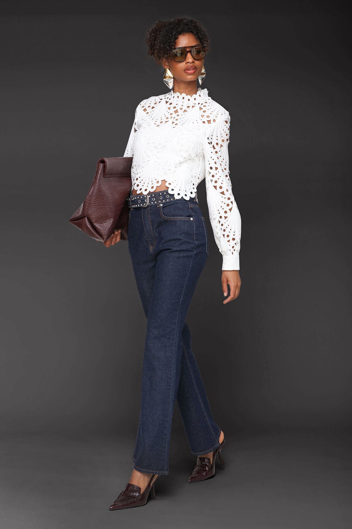 Studded belted cotton flare high-rise dark blue jeans with five-pockets, tonal embroidery and detachable belt - Cute women's jeans by Avec Les Filles
