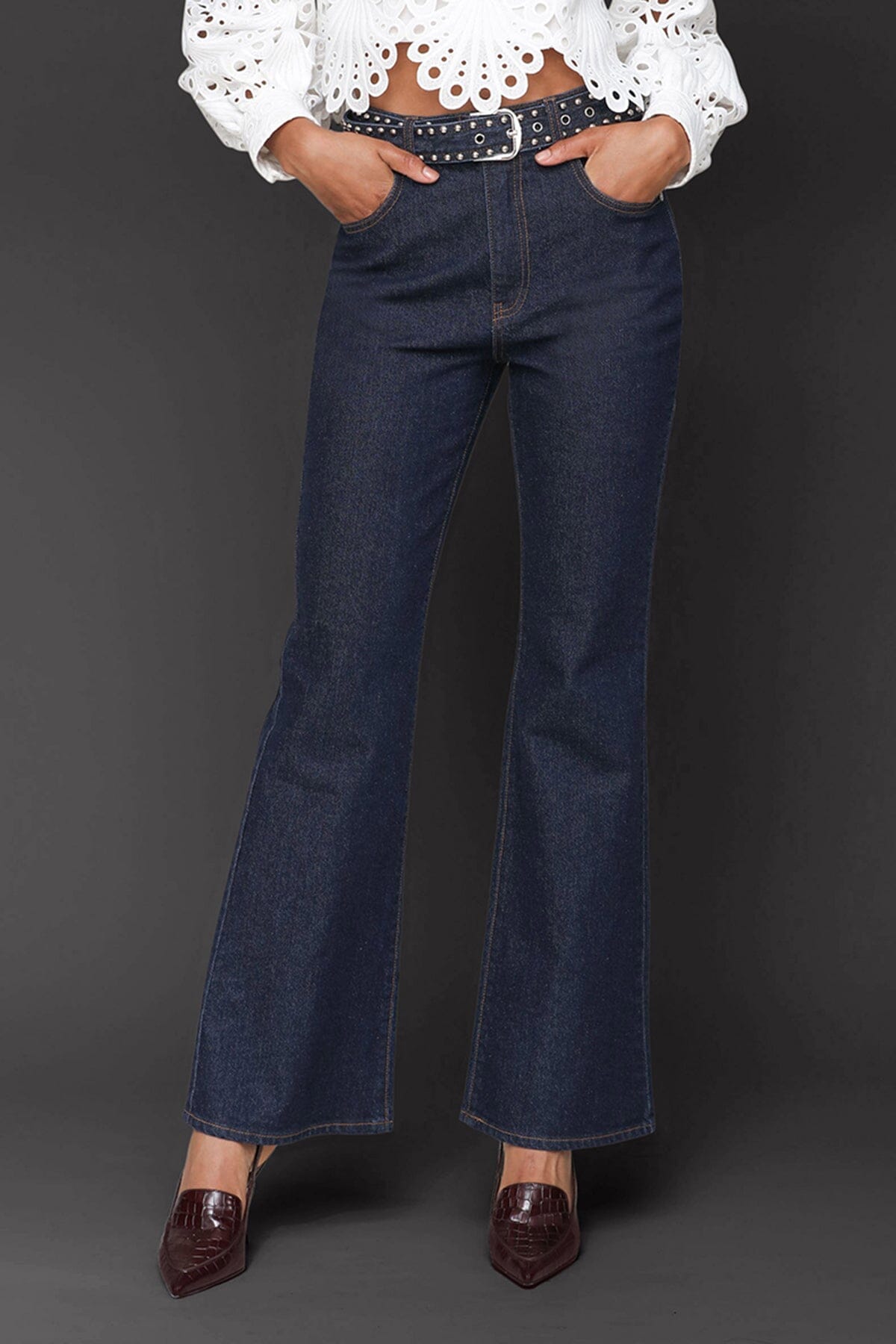 Studded belted cotton flare high-rise dark blue jeans with five-pockets, tonal embroidery and detachable belt - Cute women's jeans by Avec Les Filles
