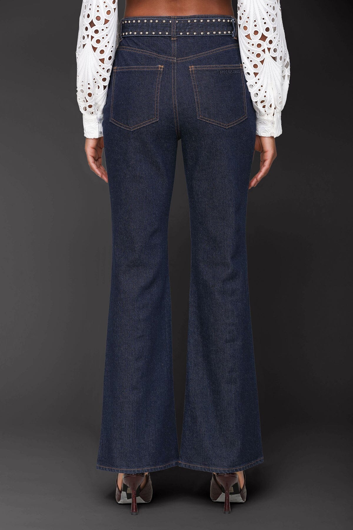 Studded belted cotton flare high-rise dark blue jeans with five-pockets, tonal embroidery and detachable belt - Cute women's jeans by Avec Les Filles