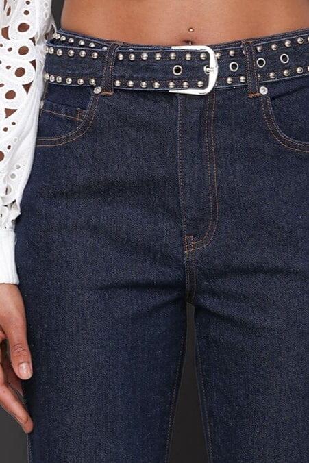 Studded belted cotton flare high-rise dark blue jeans with five-pockets, tonal embroidery and detachable belt - Cute women's jeans by Avec Les Filles