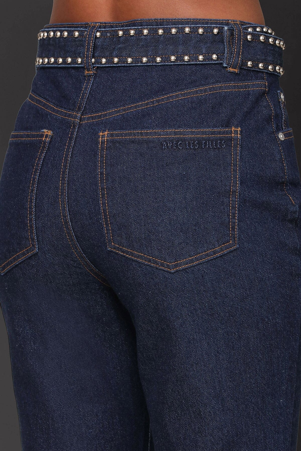 Studded belted cotton flare high-rise dark blue jeans with five-pockets, tonal embroidery and detachable belt - Cute women's jeans by Avec Les Filles