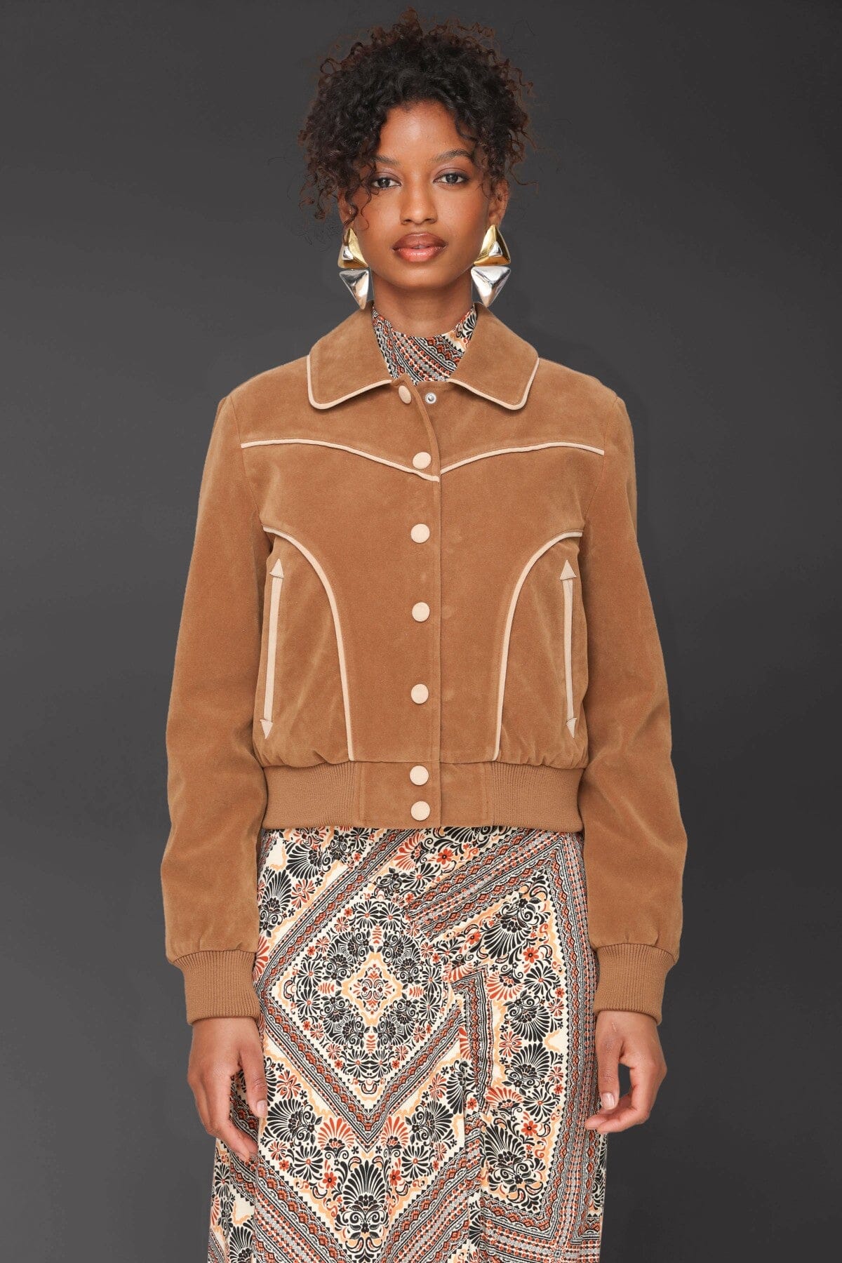Western faux suede snap-front brown bomber jacket with point collar, ribbed hem and cuffs - Cute women's jackets by Avec Les Filles