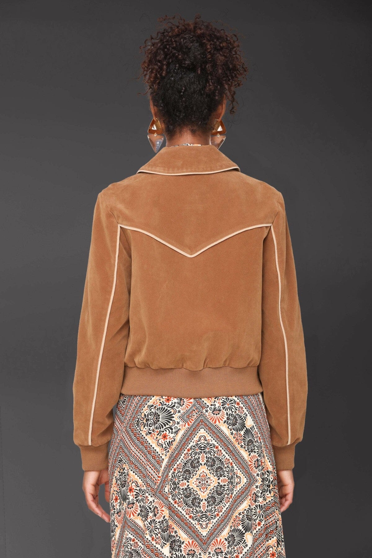 Western faux suede snap-front brown bomber jacket with point collar, ribbed hem and cuffs - Cute women's jackets by Avec Les Filles