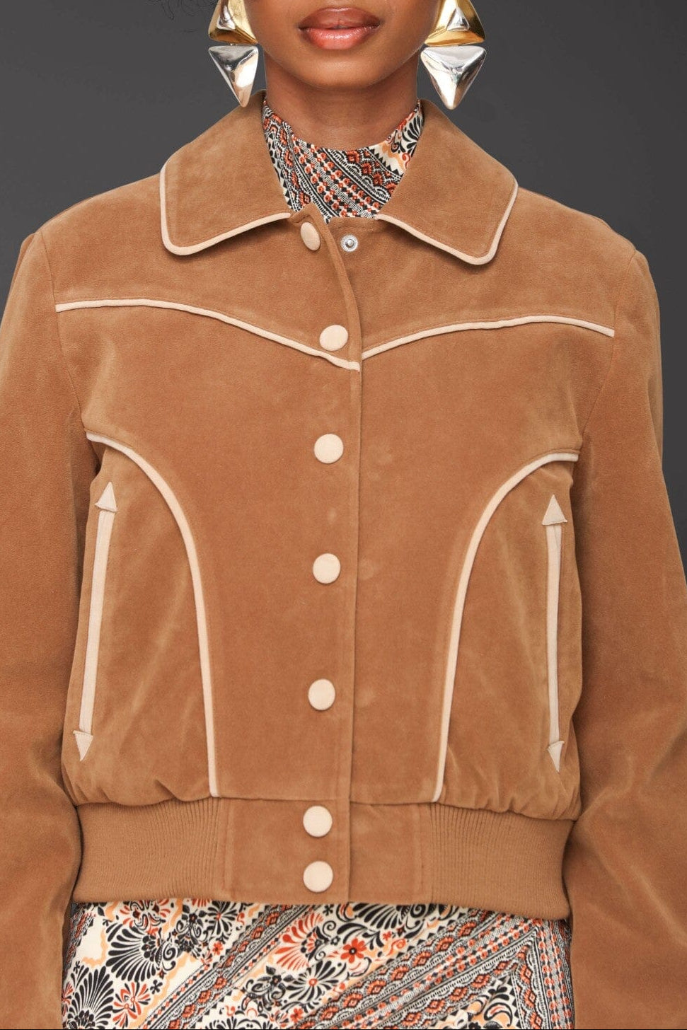 Western faux suede snap-front brown bomber jacket with point collar, ribbed hem and cuffs - Cute women's jackets by Avec Les Filles