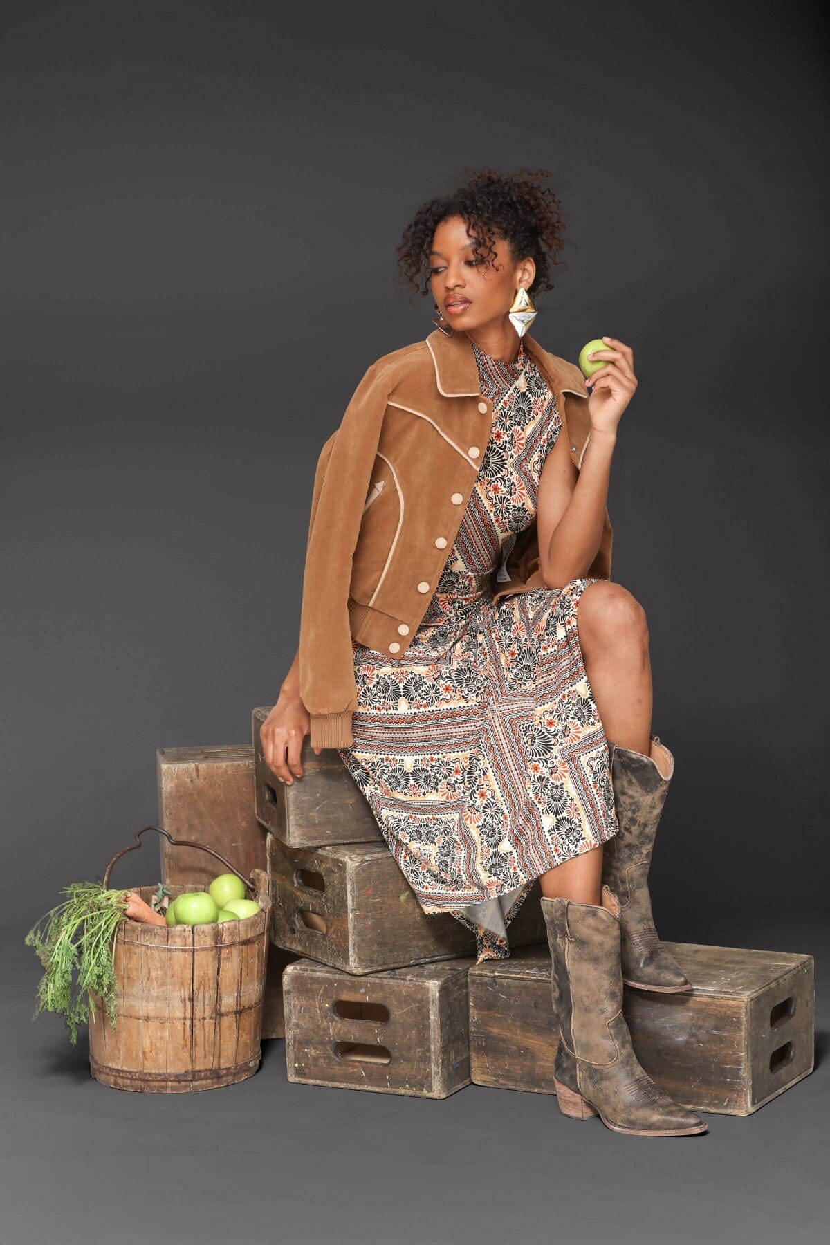 Western faux suede snap-front brown bomber jacket with point collar, ribbed hem and cuffs - Cute women's jackets by Avec Les Filles