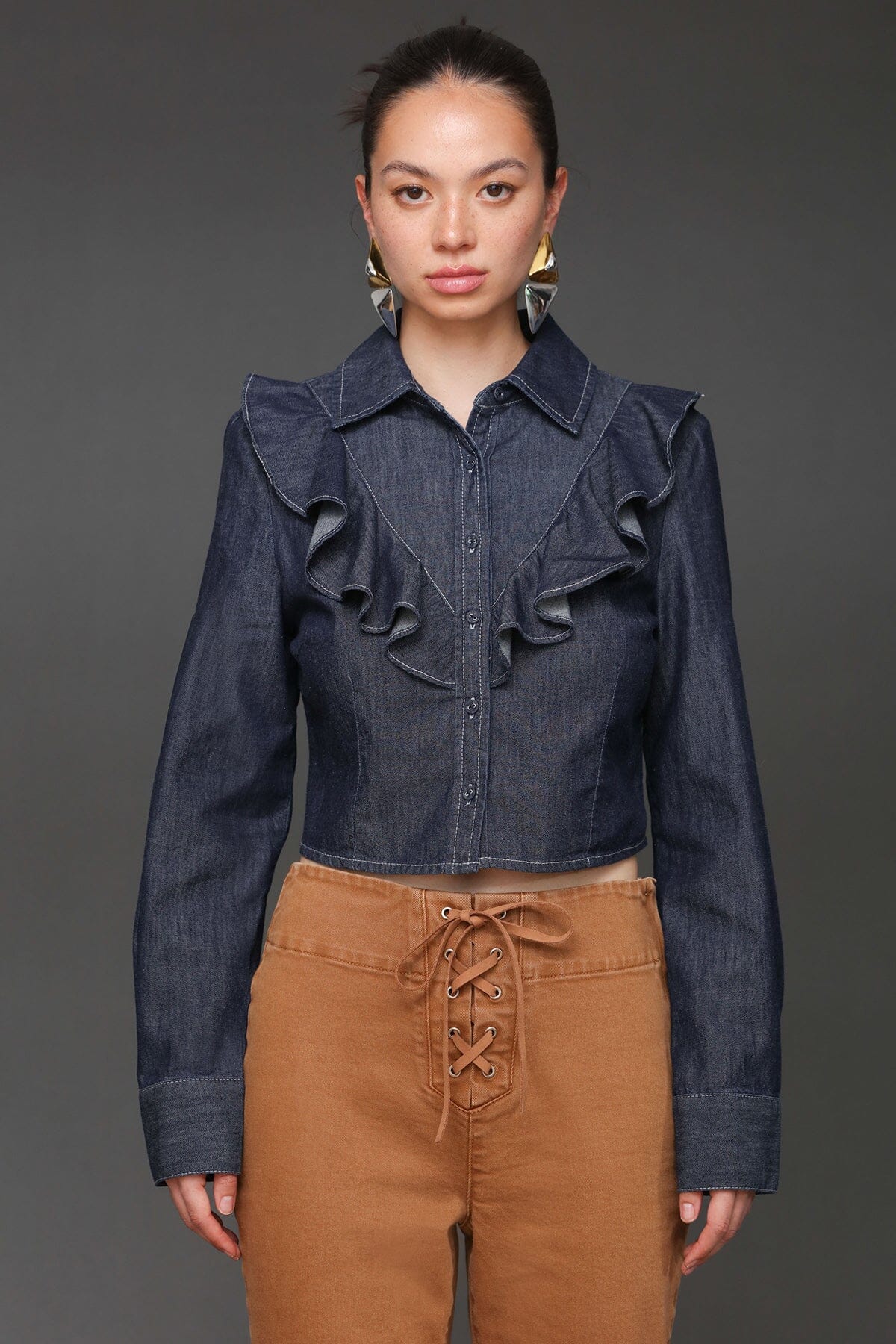 Cropped ruffle front indigo denim long sleeves cotton shirt with pointed collar and front button - Cute women's shirts by Avec Les Filles
