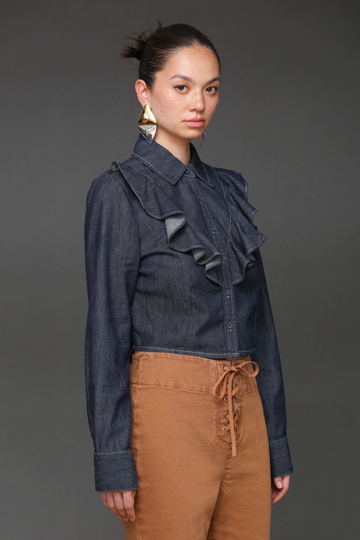 Cropped ruffle front indigo denim long sleeves cotton shirt with pointed collar and front button - Cute women's shirts by Avec Les Filles