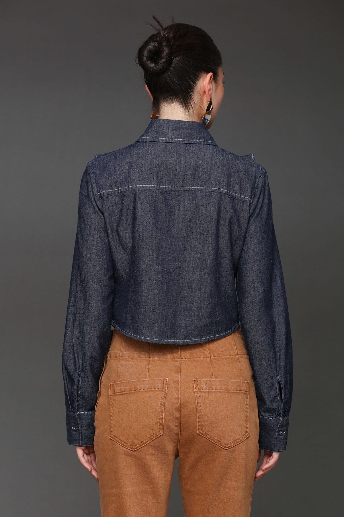 Cropped ruffle front indigo denim long sleeves cotton shirt with pointed collar and front button - Cute women's shirts by Avec Les Filles