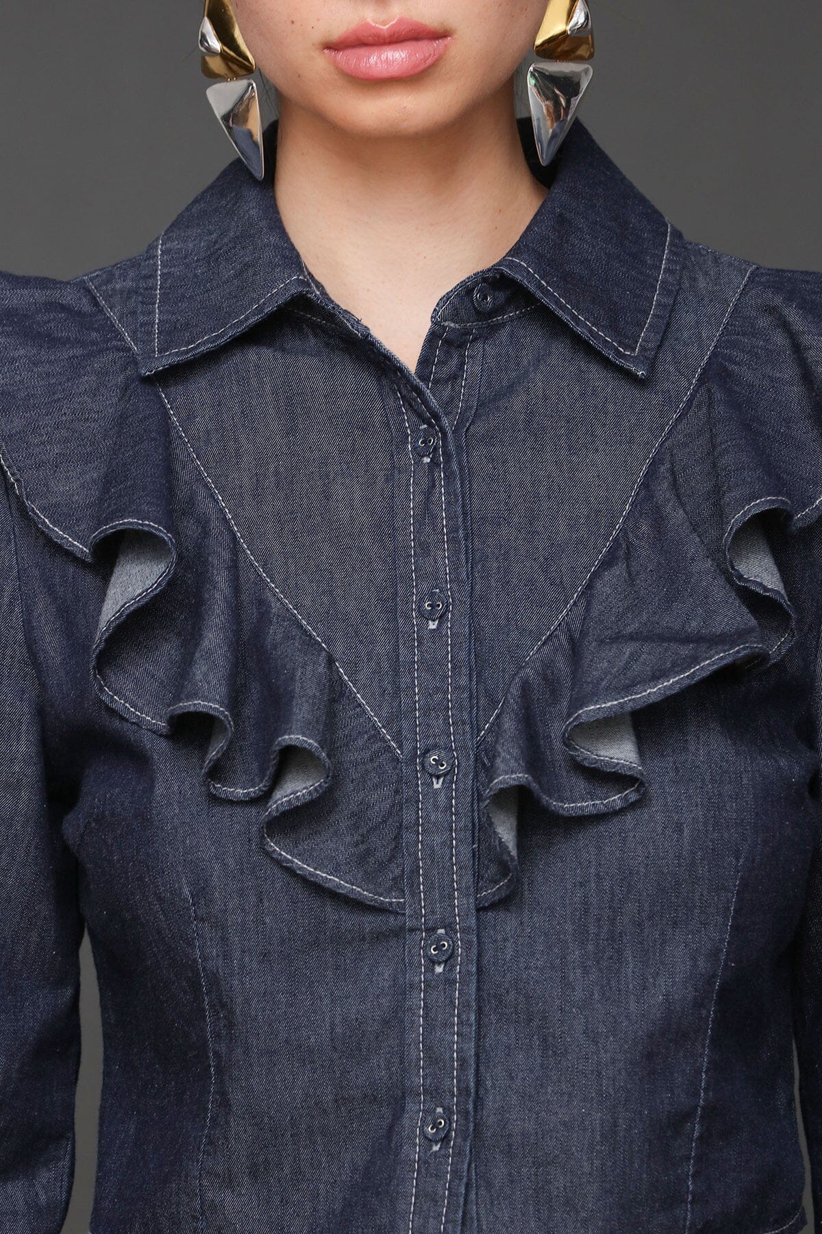 Cropped ruffle front indigo denim long sleeves cotton shirt with pointed collar and front button - Cute women's shirts by Avec Les Filles