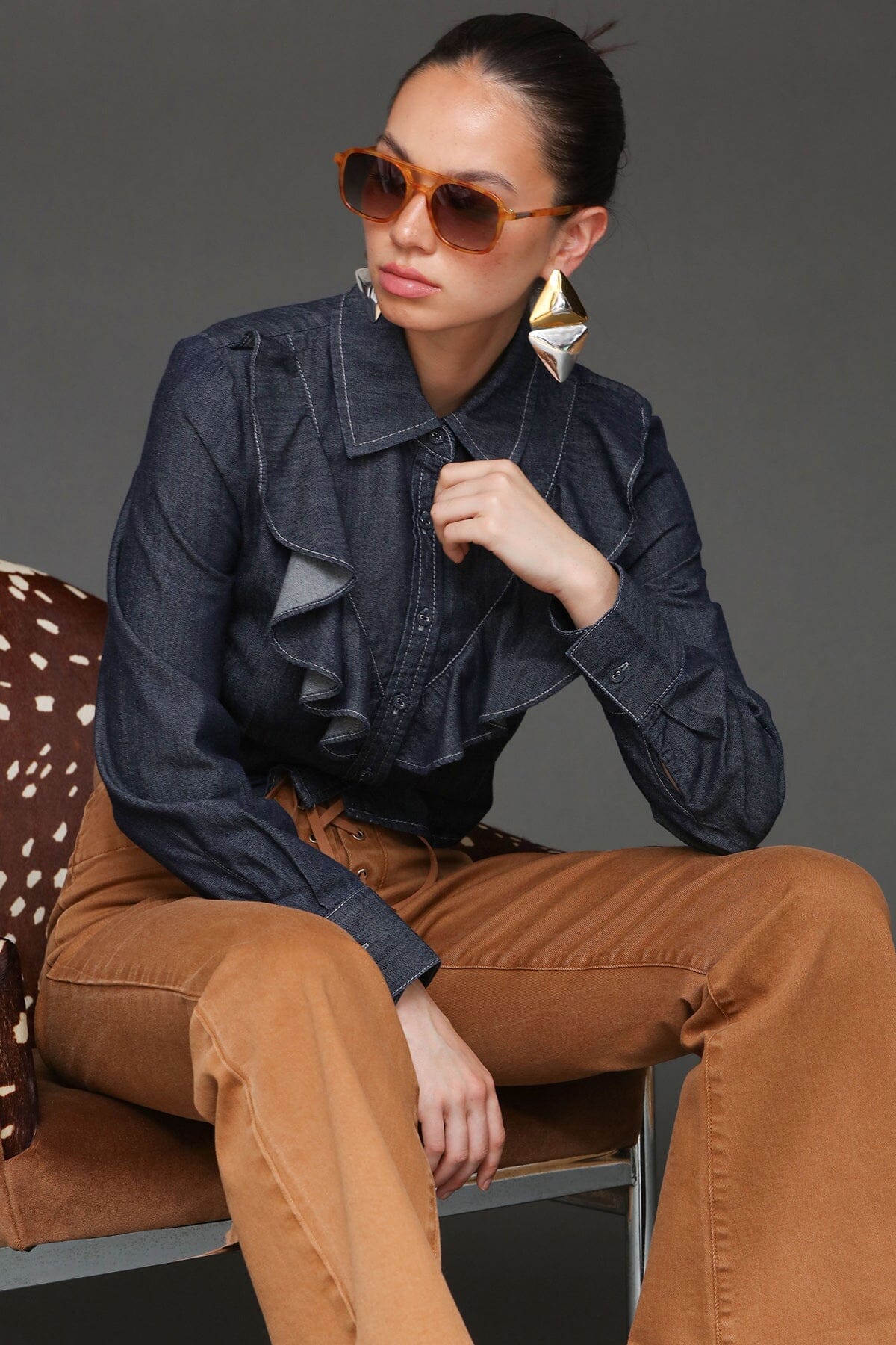 Cropped ruffle front indigo denim long sleeves cotton shirt with pointed collar and front button - Cute women's shirts by Avec Les Filles