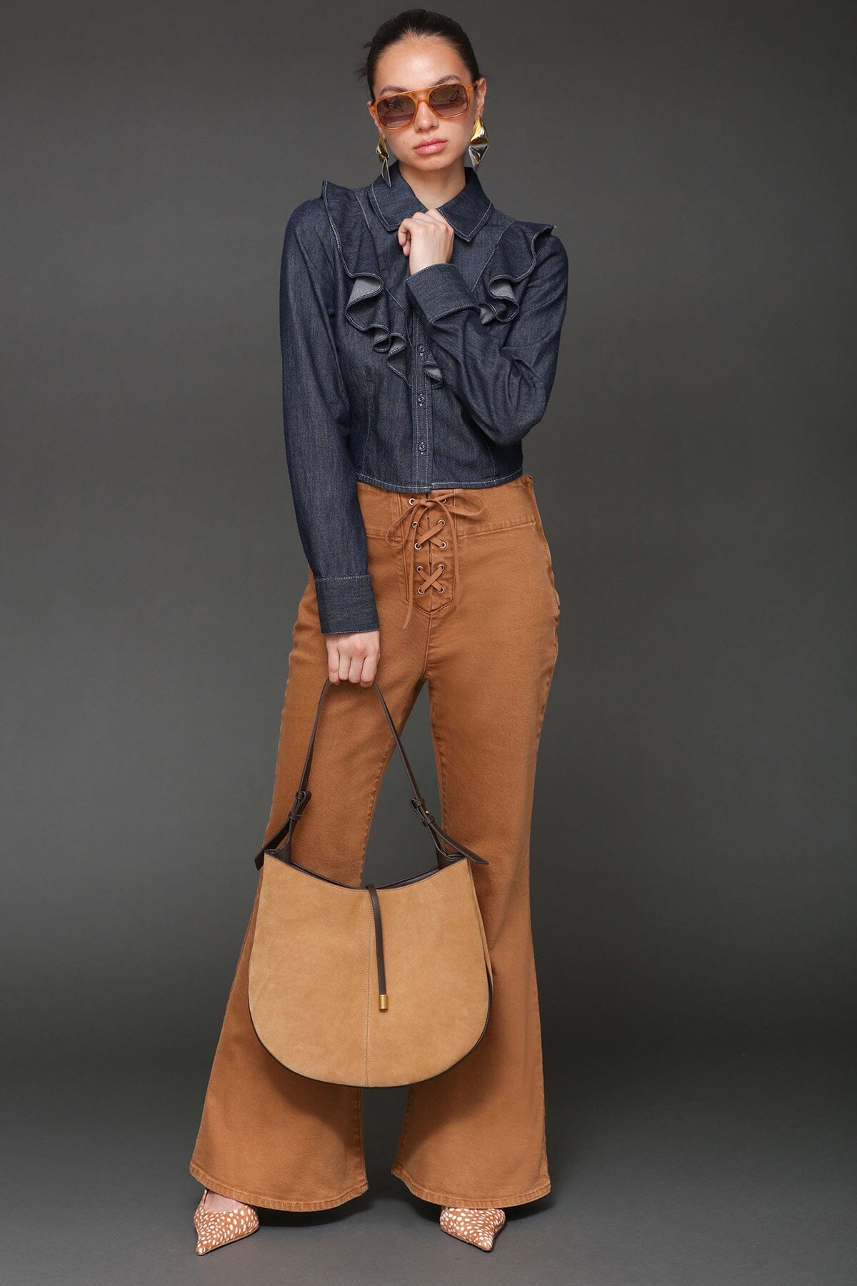 Cropped ruffle front indigo denim long sleeves cotton shirt with pointed collar and front button - Cute women's shirts by Avec Les Filles