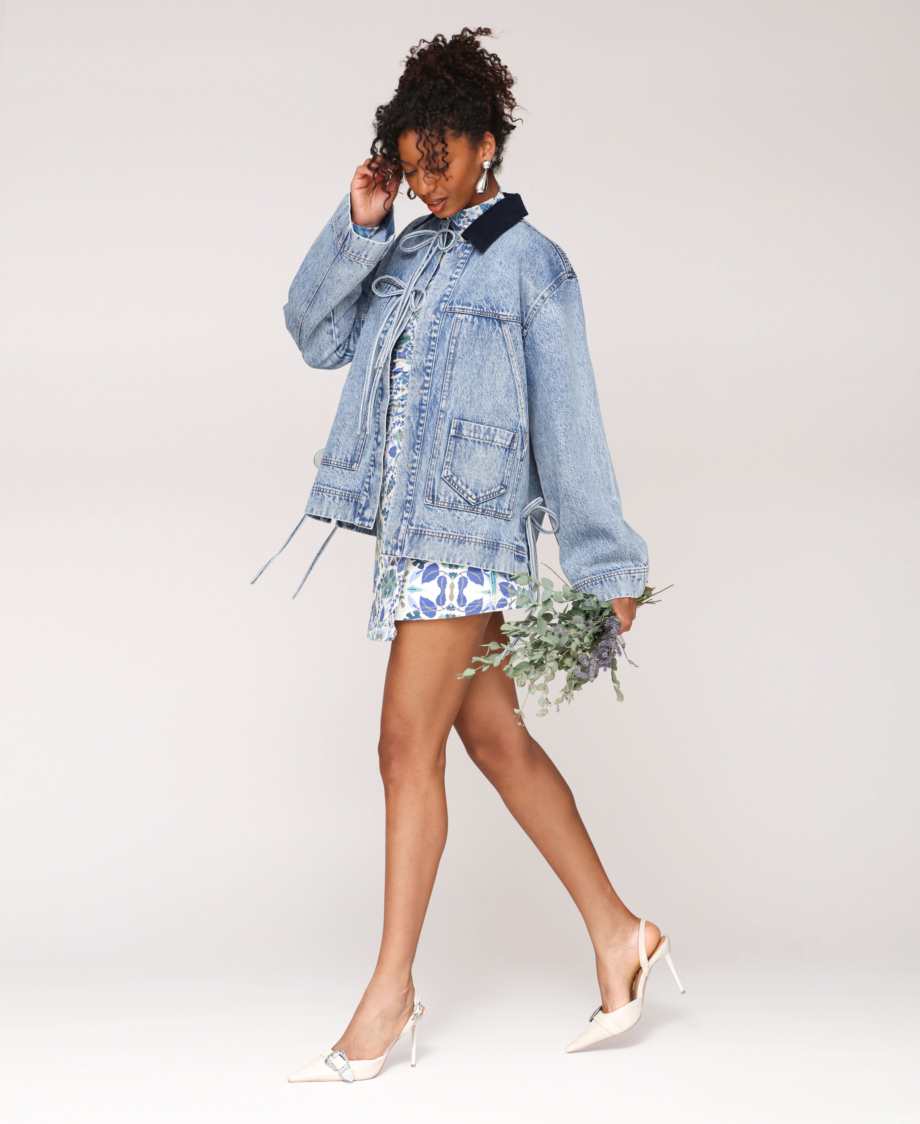 Cotton light blue denim jacket with bows - Shop designer women's cute denim jackets by Avec Les Filles