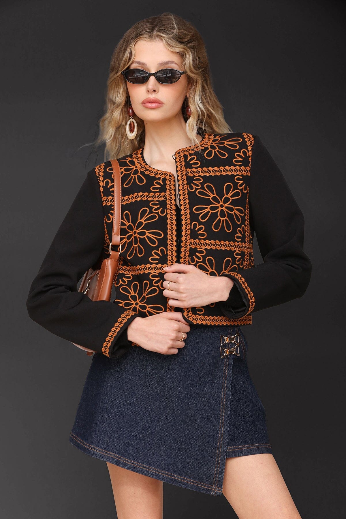 Floral embroidered tailored black cropped jacket with front hook-and-eye closure and collarless design - Cute women's jackets by Avec Les Filles