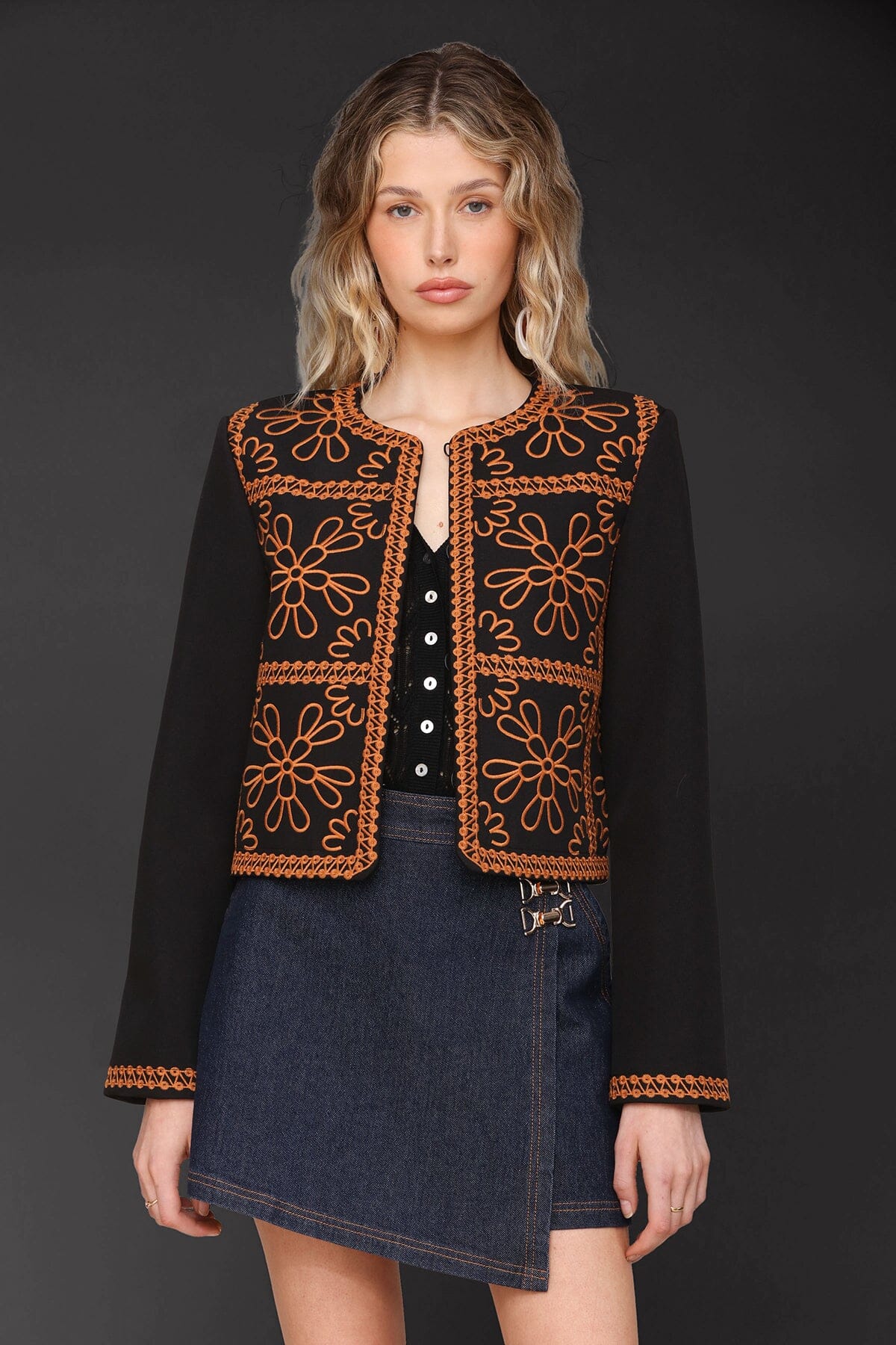 Floral embroidered tailored black cropped jacket with front hook-and-eye closure and collarless design - Cute women's jackets by Avec Les Filles
