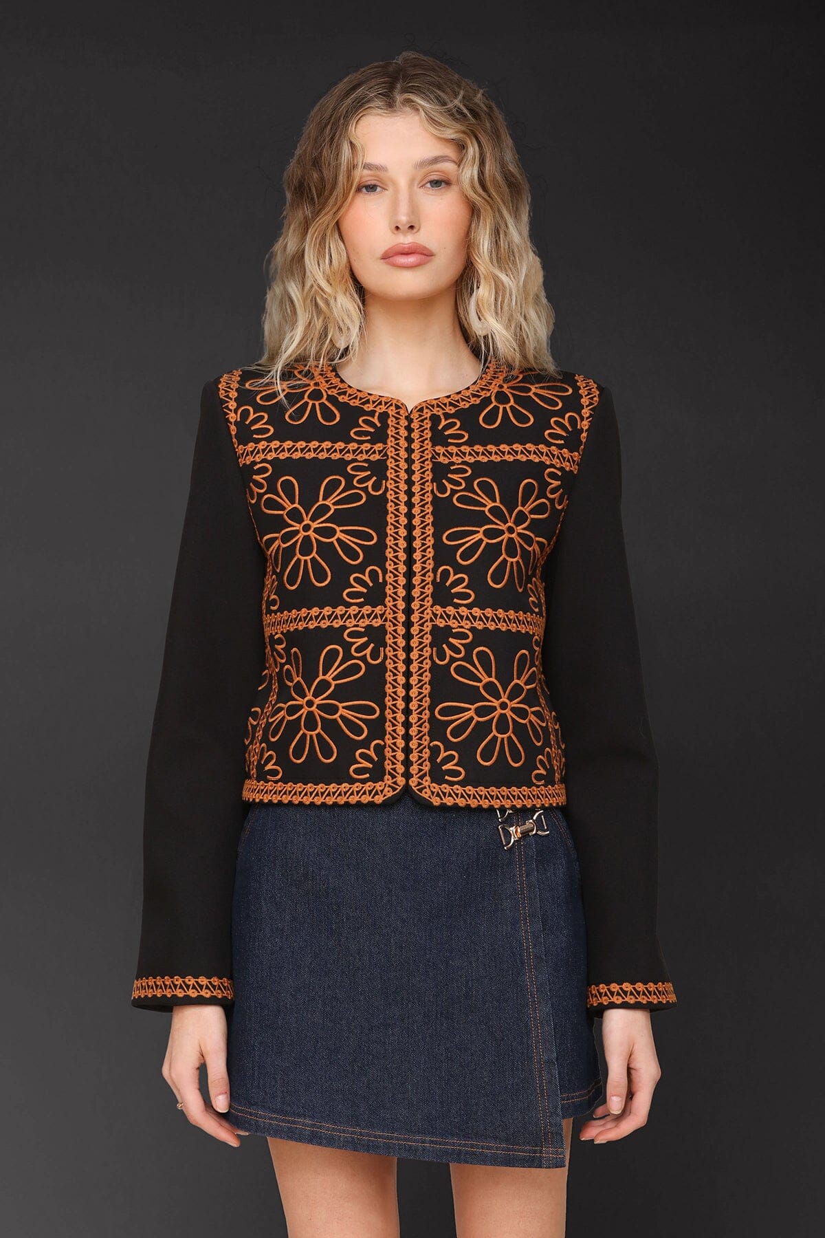 Floral embroidered tailored black cropped jacket with front hook-and-eye closure and collarless design - Cute women's jackets by Avec Les Filles