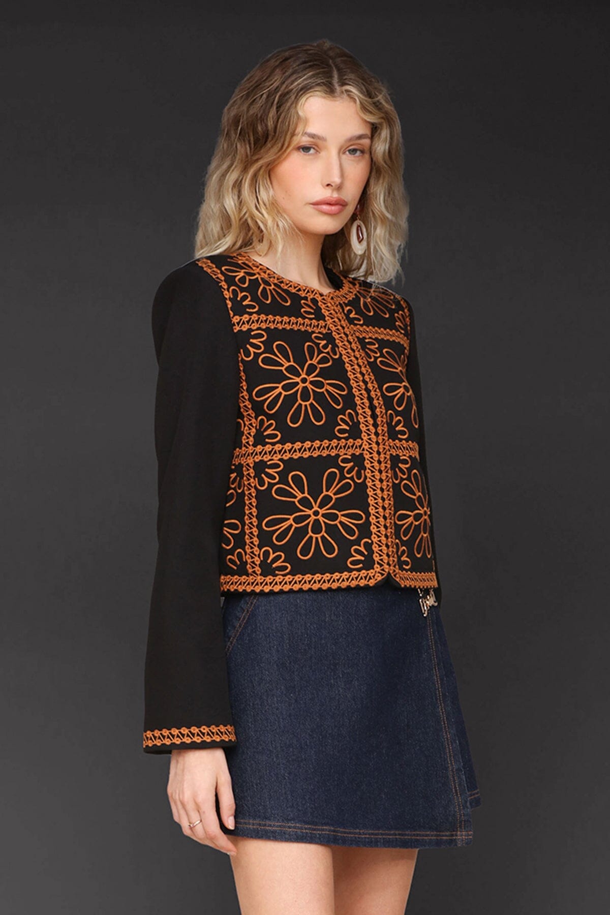 Floral embroidered tailored black cropped jacket with front hook-and-eye closure and collarless design - Cute women's jackets by Avec Les Filles