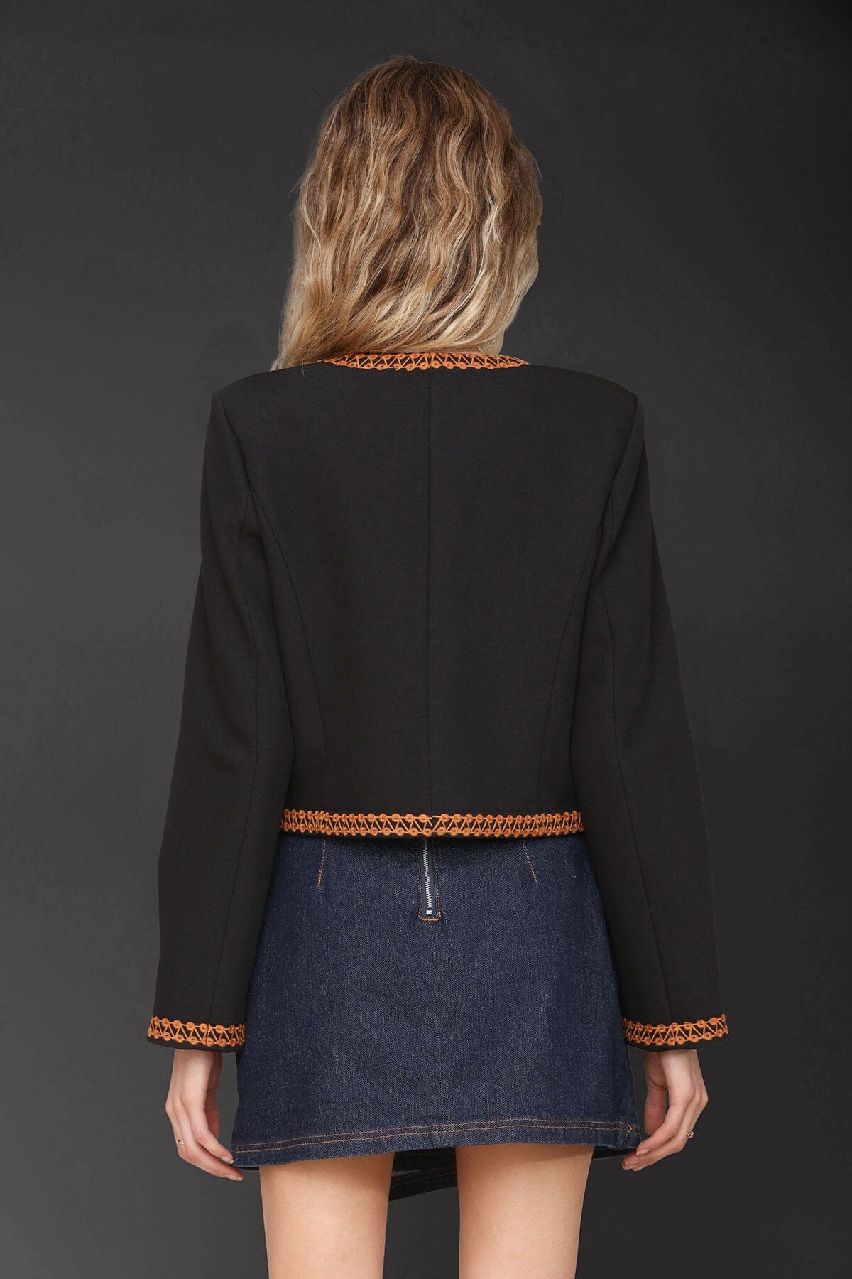 Floral embroidered tailored black cropped jacket with front hook-and-eye closure and collarless design - Cute women's jackets by Avec Les Filles