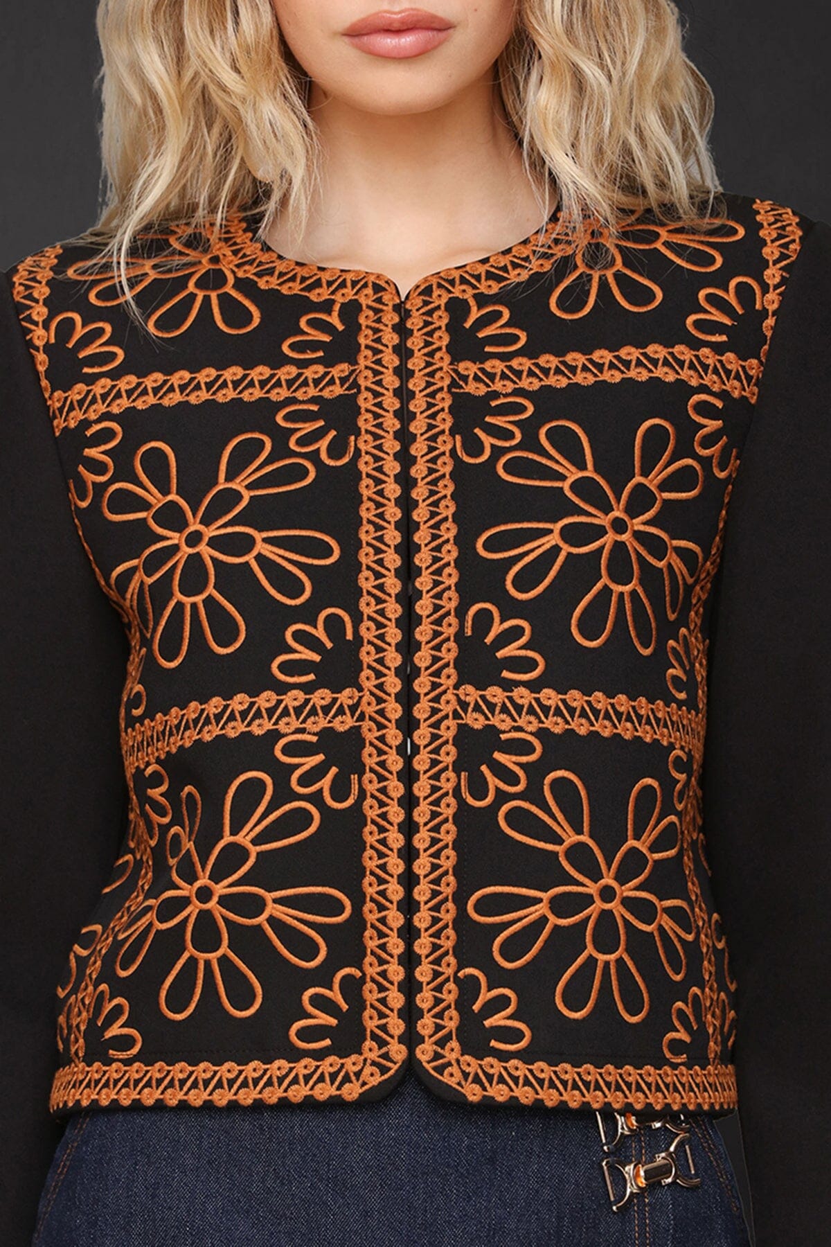 Floral embroidered tailored black cropped jacket with front hook-and-eye closure and collarless design - Cute women's jackets by Avec Les Filles