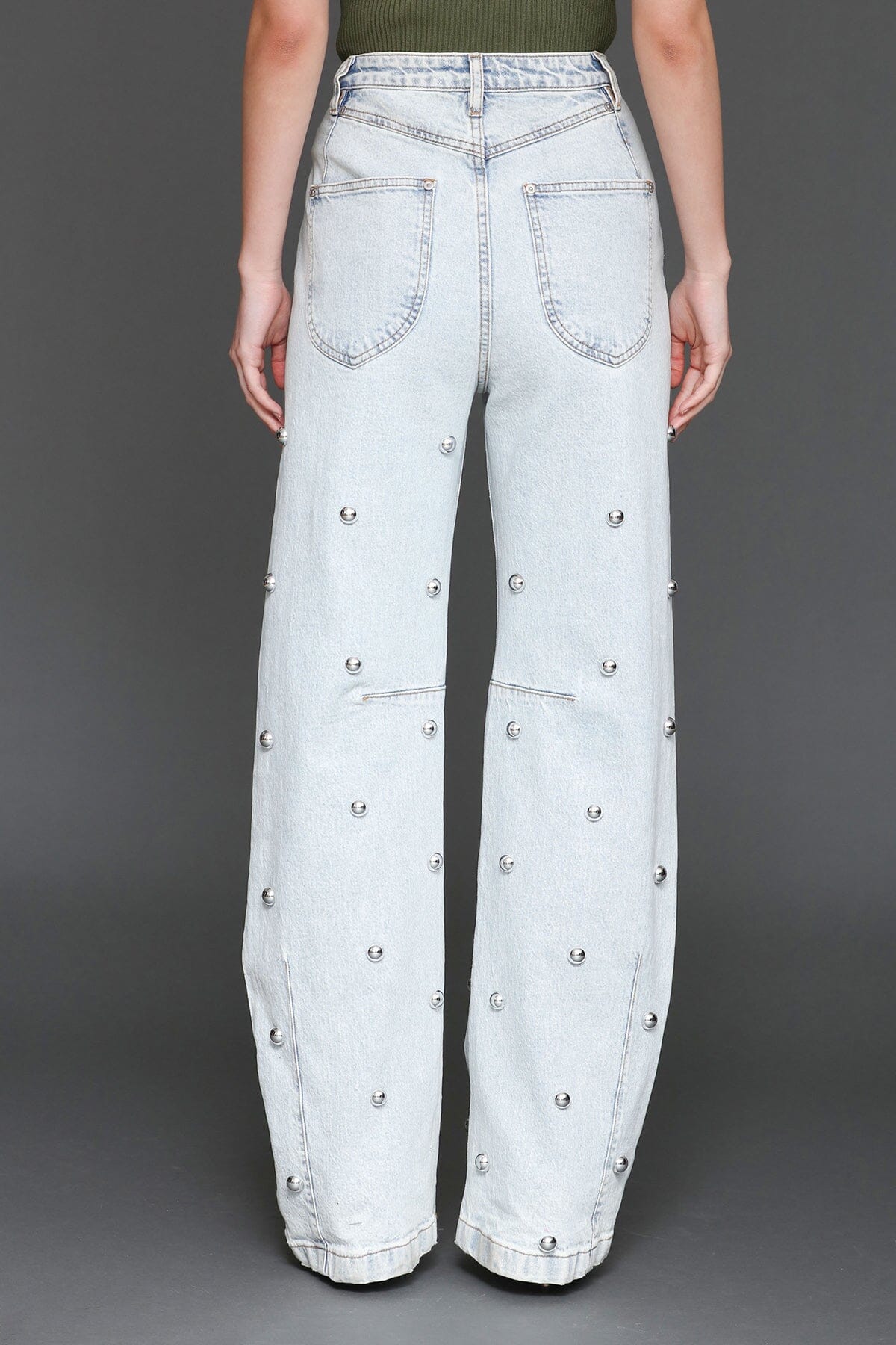 Studded straight leg light blue wash cotton high-rise jeans with five-pockets - Cute women's jeans by Avec Les Filles