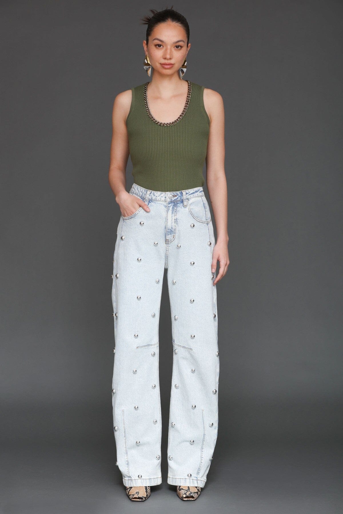 Studded Straight Leg Jeans Pants Avec Les Filles
