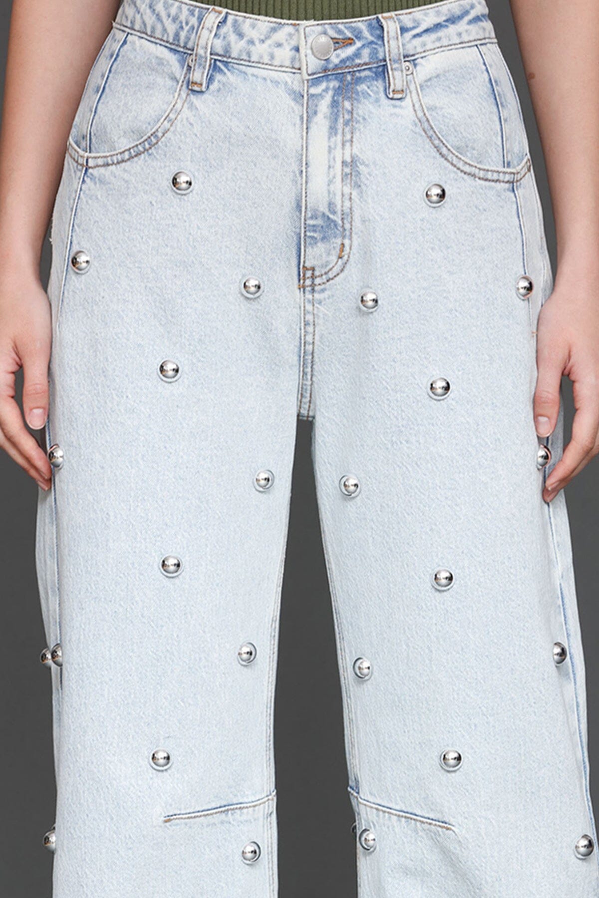 Studded straight leg light blue wash cotton high-rise jeans with five-pockets - Cute women's jeans by Avec Les Filles