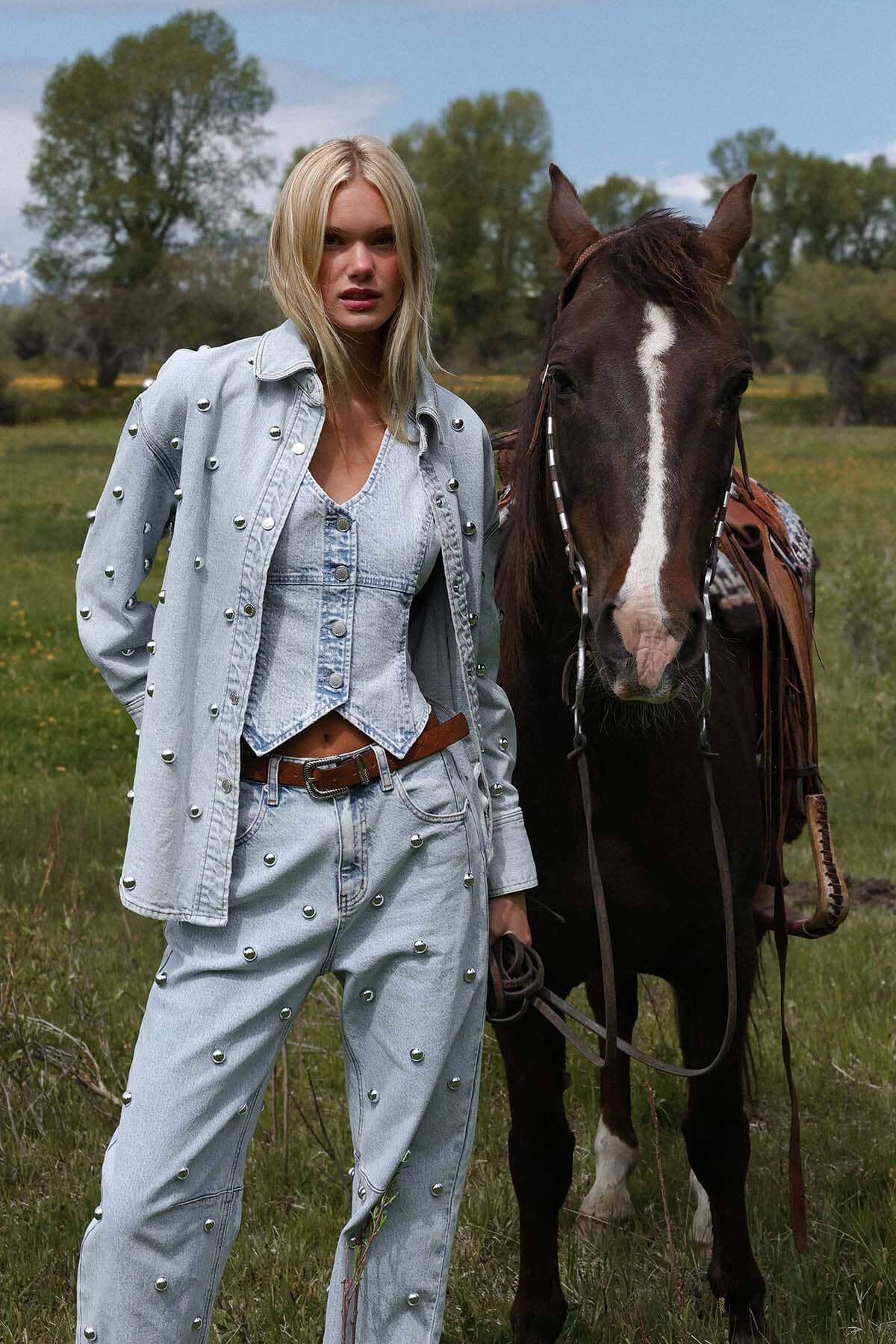 Studded light blue cotton denim oversized shirt jacket with long sleeves and drop shoulders - Cute women's shirt jackets by Avec Les Filles