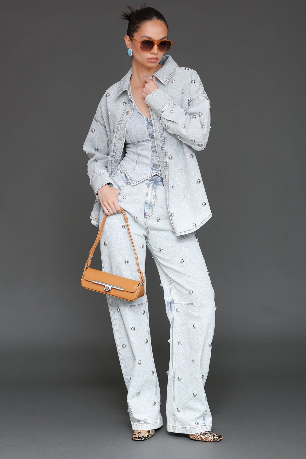 Studded light blue cotton denim oversized shirt jacket with long sleeves and drop shoulders - Cute women's shirt jackets by Avec Les Filles
