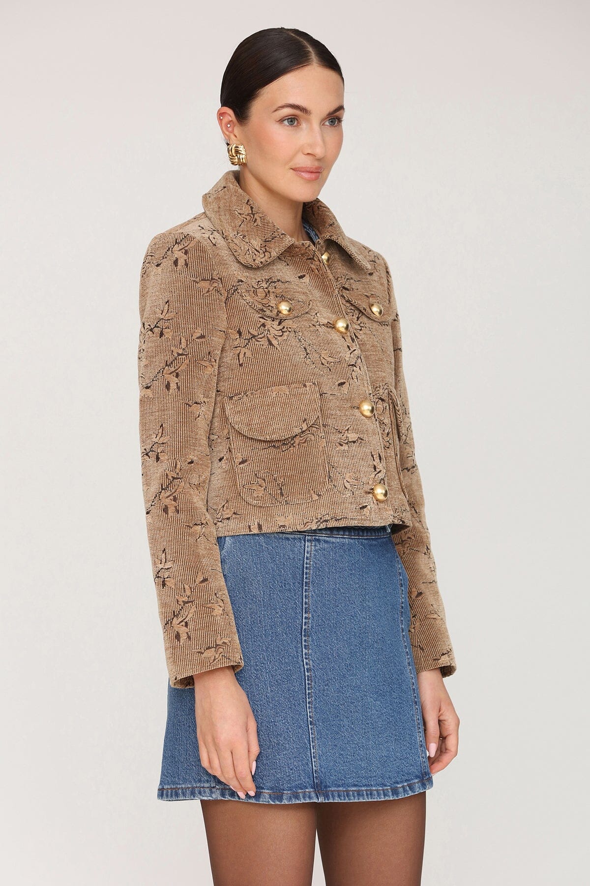 Floral corduroy tailored button front tan jacket with gold-tone buttons and tonal floral embroidery - Cute women's jackets by Avec Les Filles