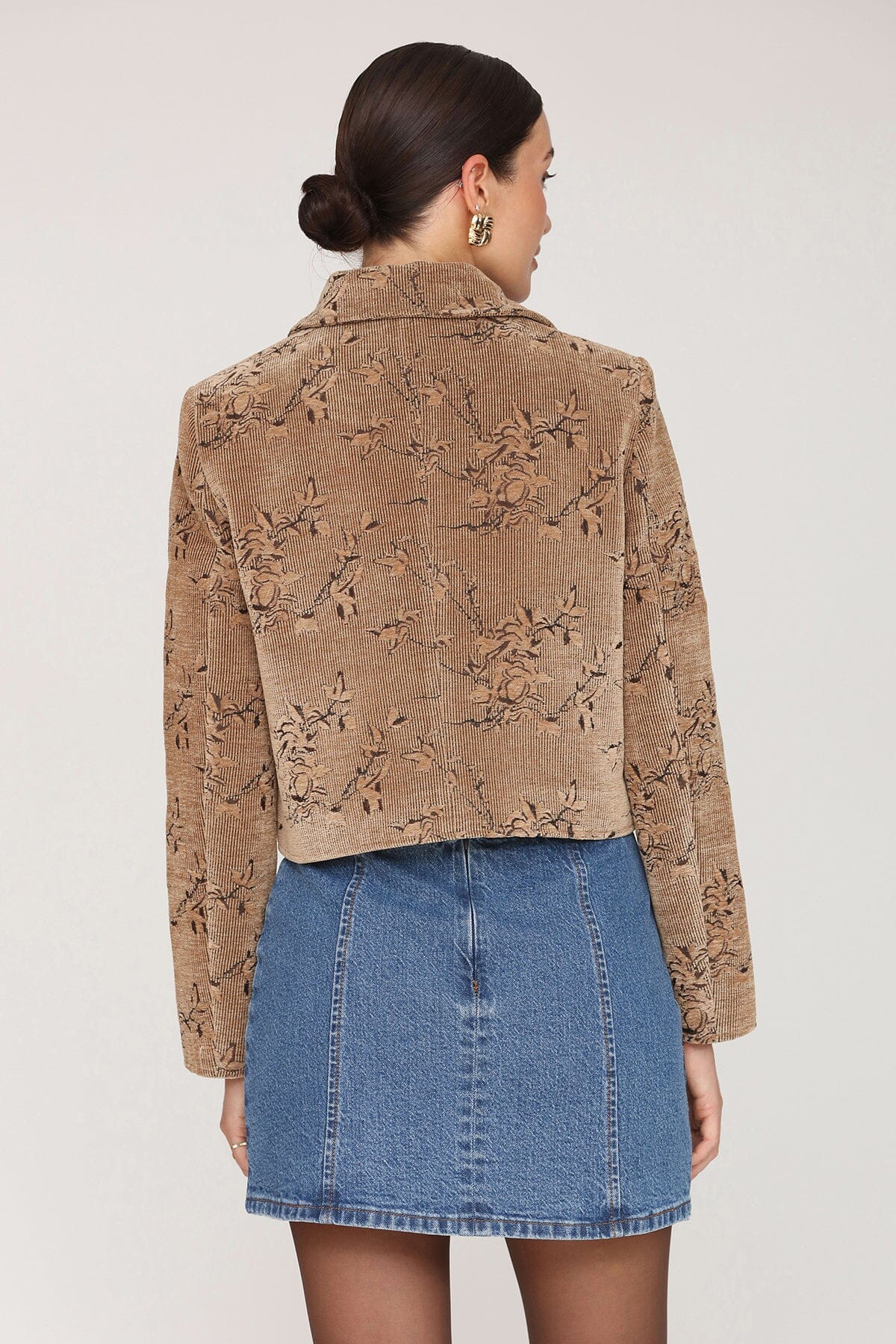 Floral corduroy tailored button front tan jacket with gold-tone buttons and tonal floral embroidery - Cute women's jackets by Avec Les Filles