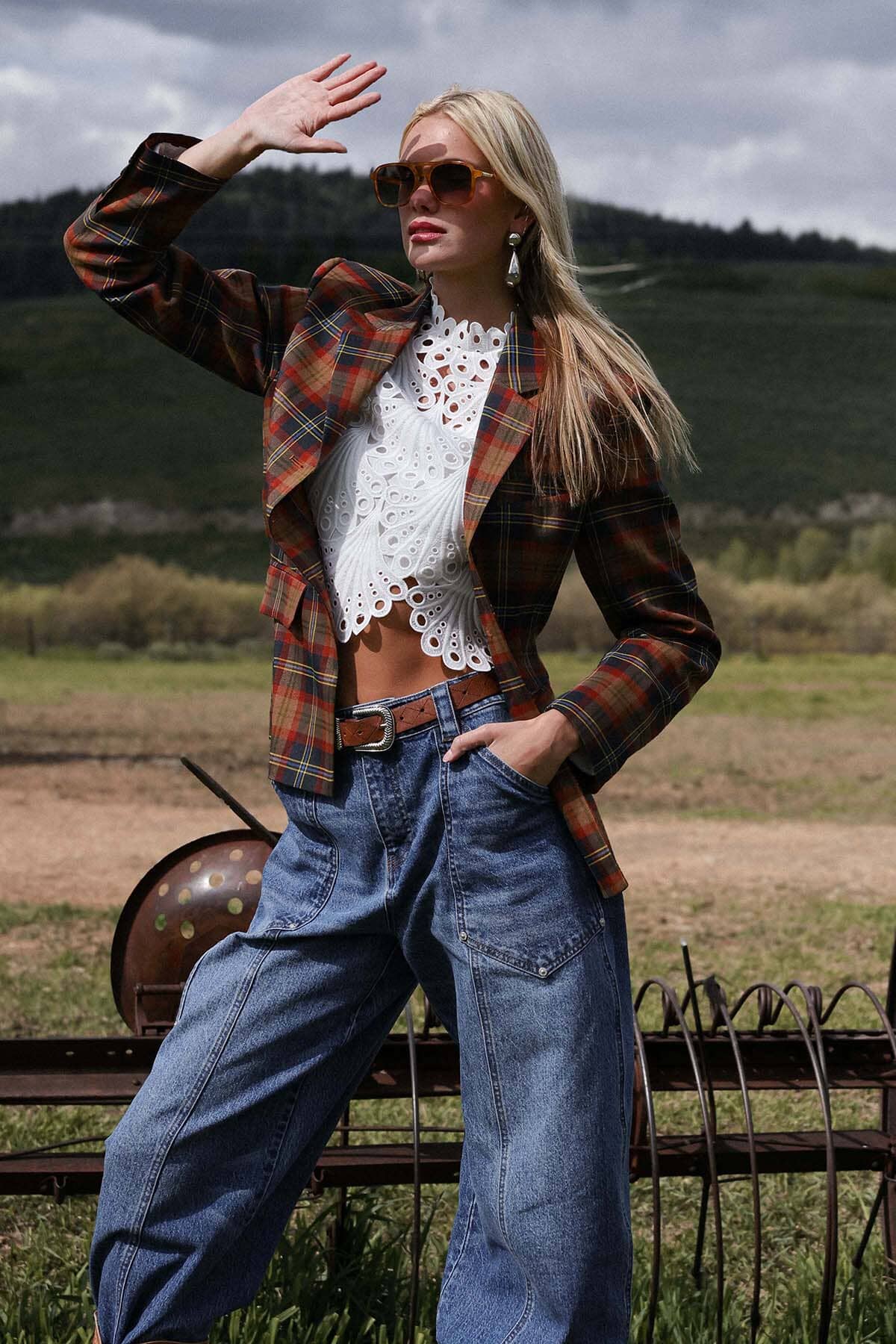 Eyelet embroidered white cropped blouse with scalloped neckline, long puff sleeves and wide buttoned cuffs - Cute women's tops by Avec Les Filles