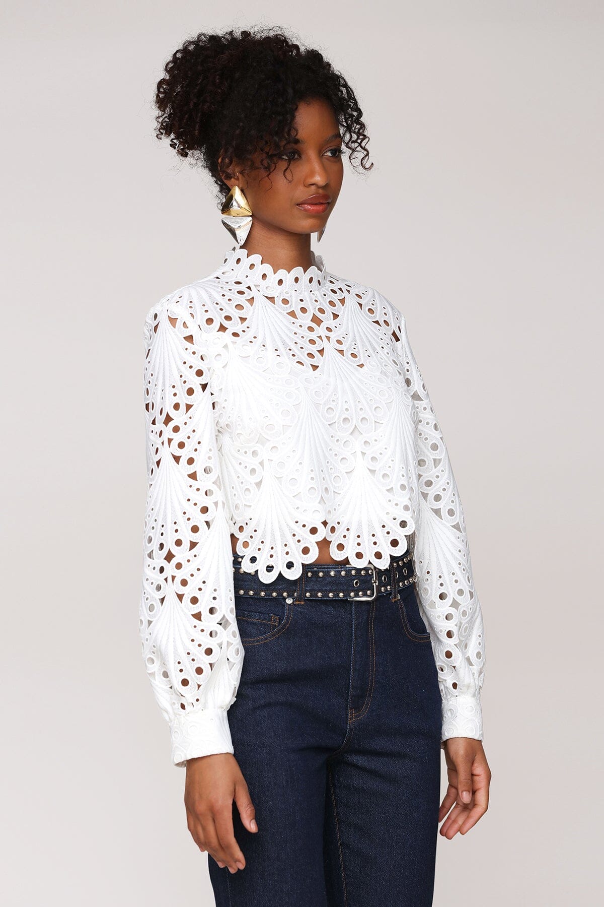 Eyelet embroidered white cropped blouse with scalloped neckline, long puff sleeves and wide buttoned cuffs - Cute women's tops by Avec Les Filles