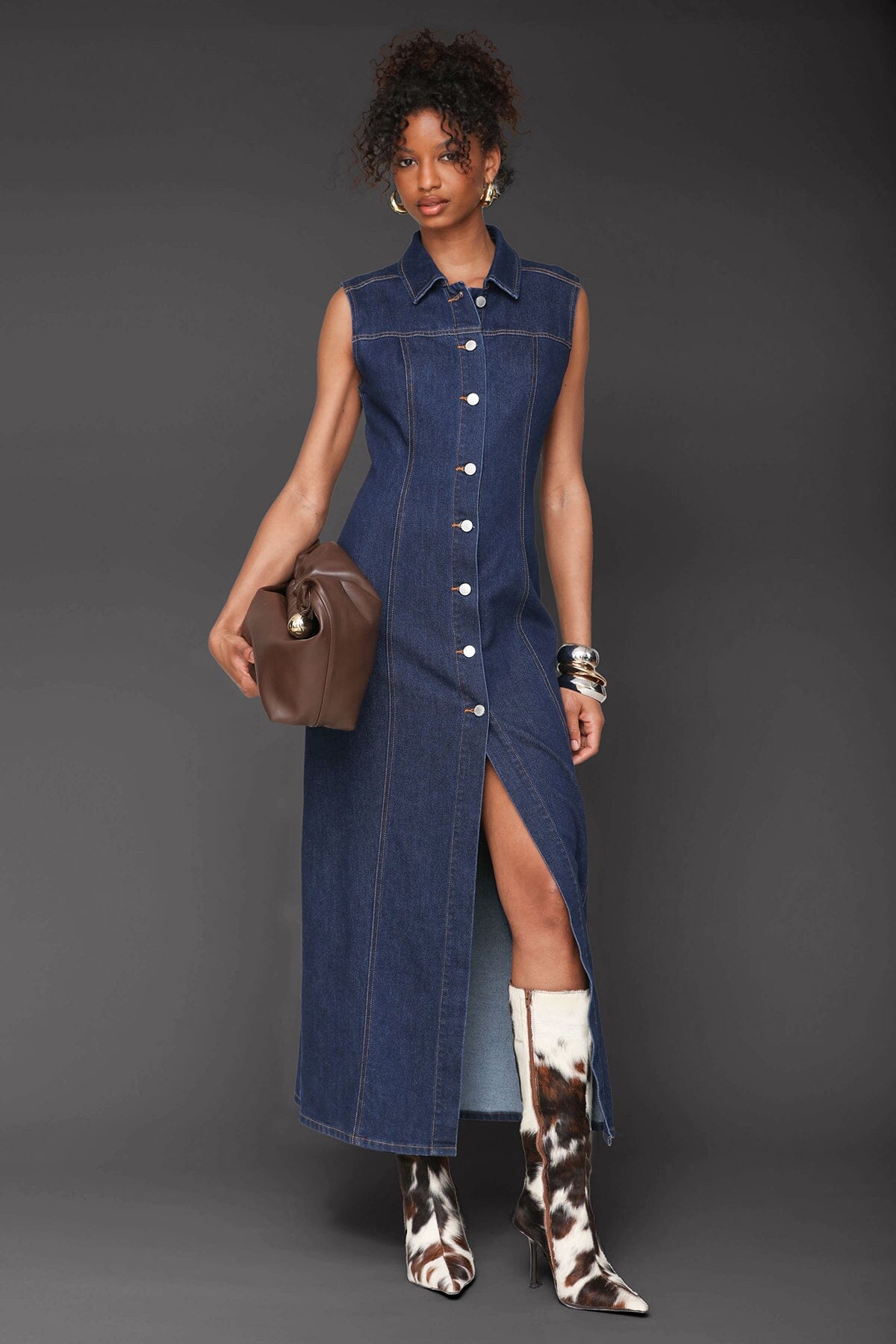 Sleeveless Denim Button Front Maxi Dress