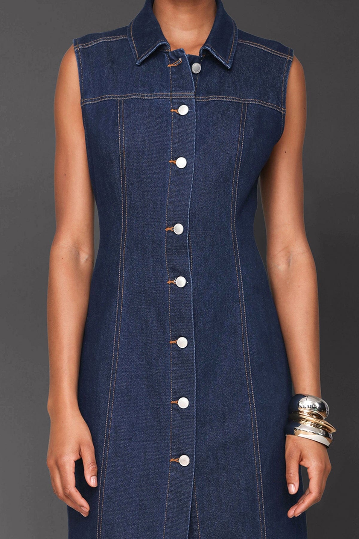 Royal indigo wash sleeveless denim maxi dress with button front and pointed shirt collar - Cute women's maxi dresses by Avec Les Filles