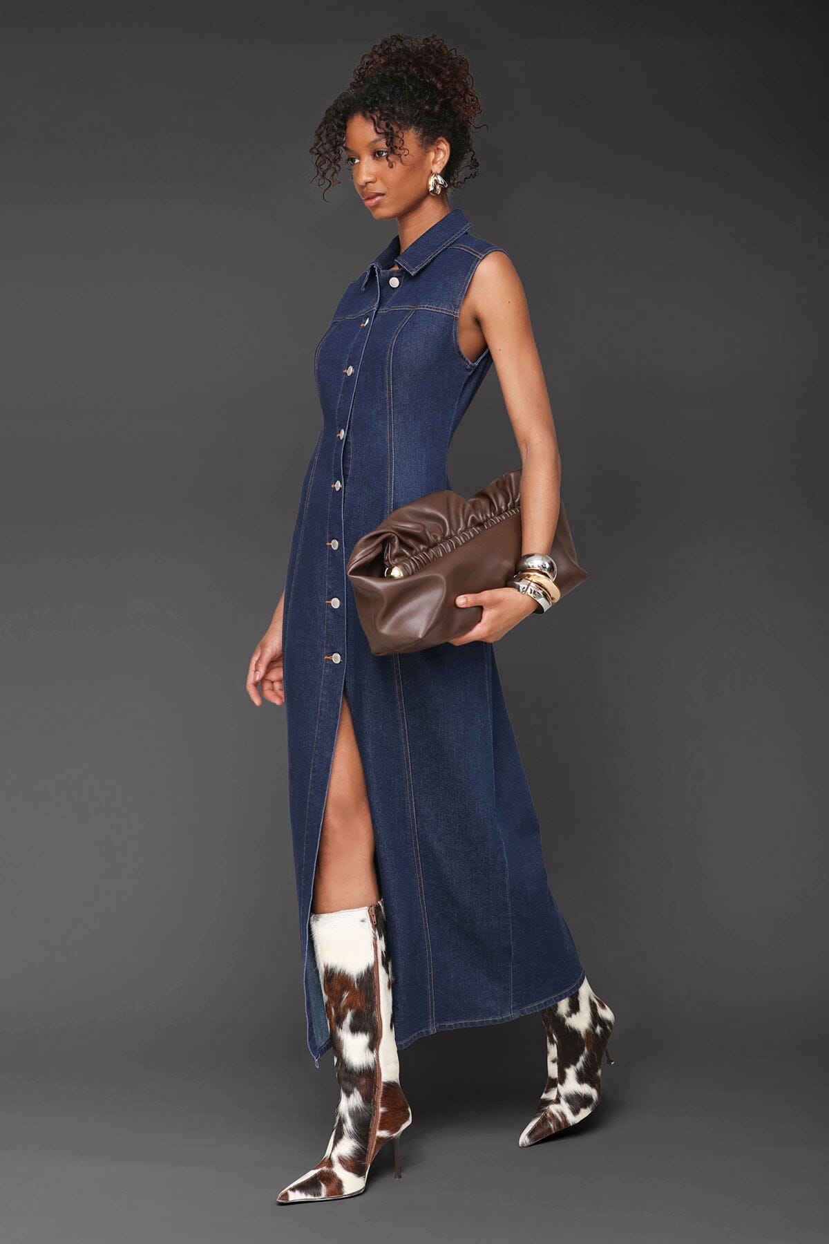 Royal indigo wash sleeveless denim maxi dress with button front and pointed shirt collar - Cute women's maxi dresses by Avec Les Filles