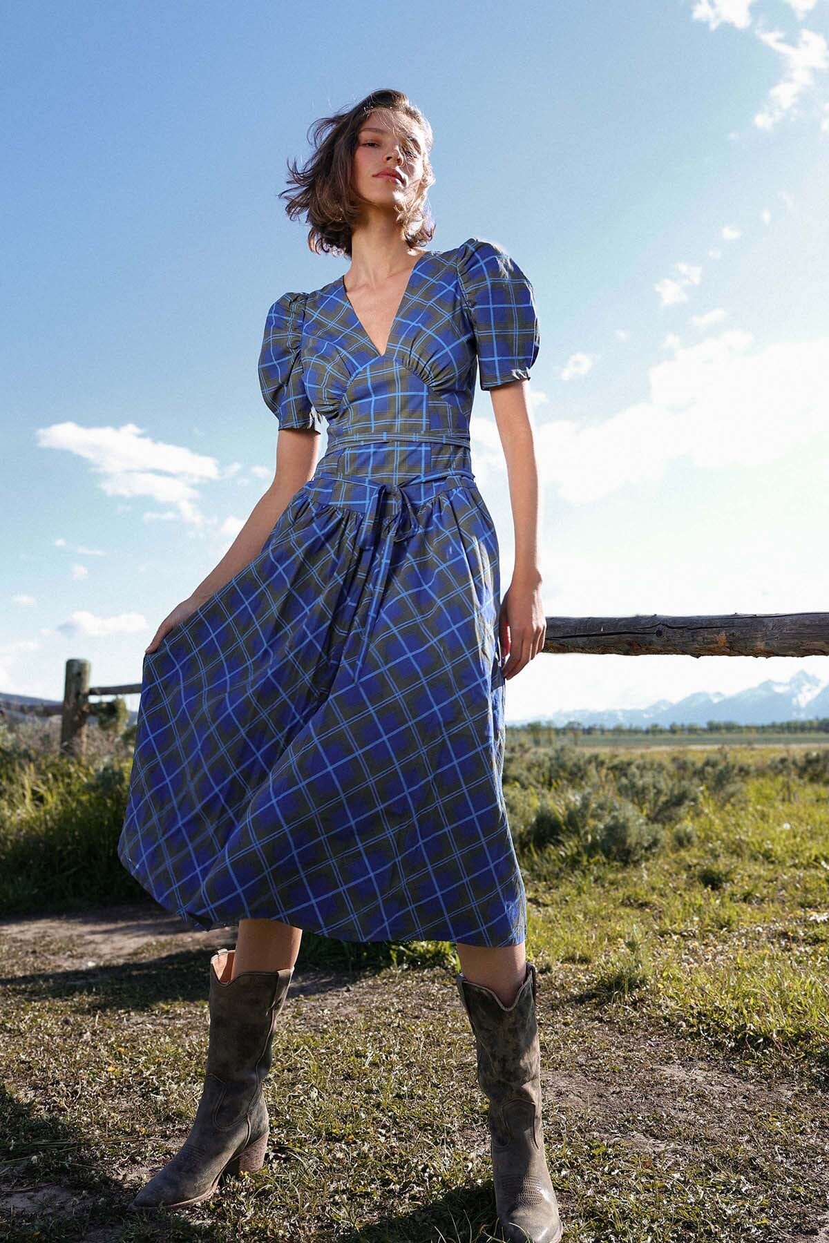 Olive blue plaid cotton puff short sleeve midi dress with wrapped waist tie and deep V-neckline - Cute women's midi dresses by Avec Les Filles