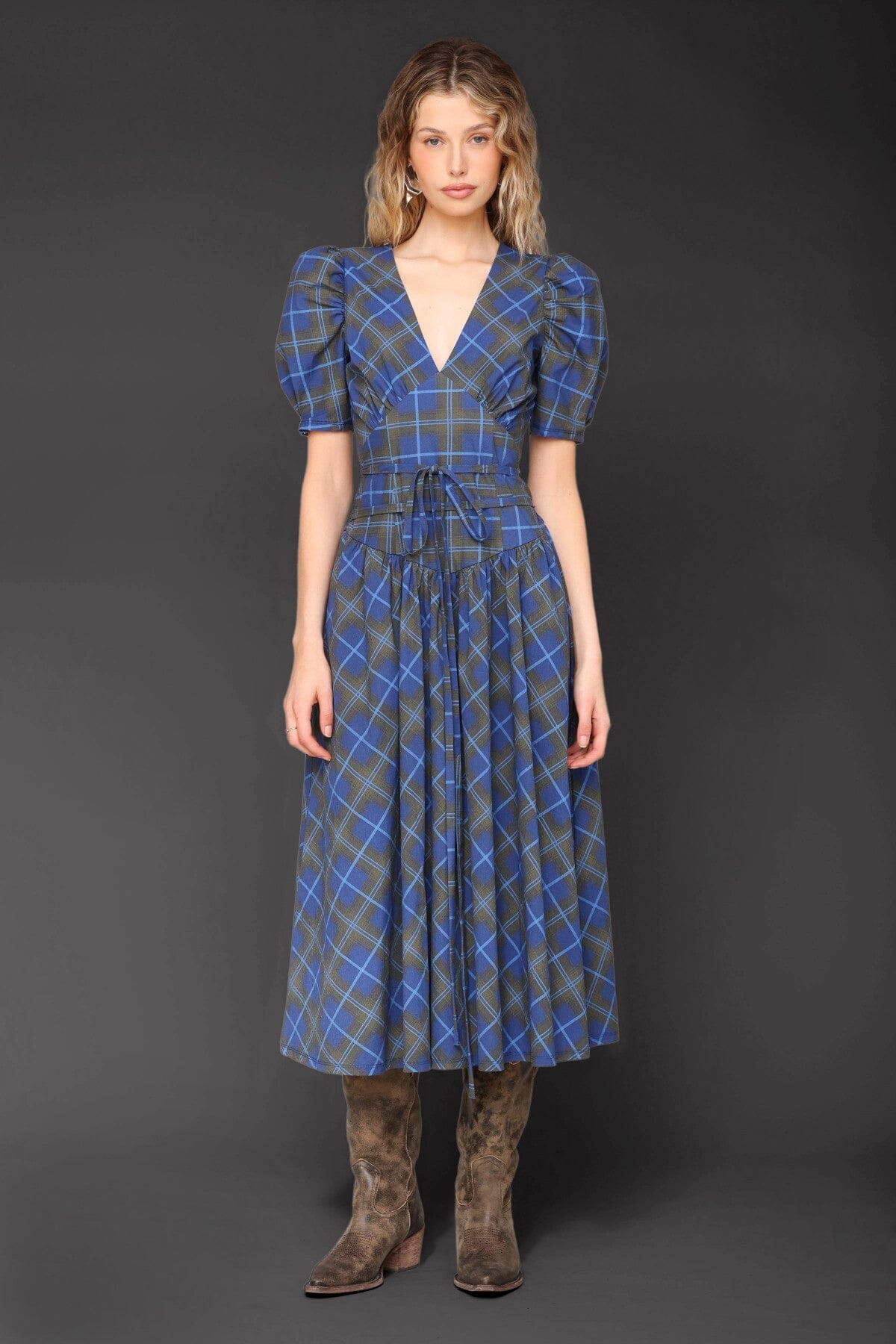 Olive blue plaid cotton puff short sleeve midi dress with wrapped waist tie and deep V-neckline - Cute women's midi dresses by Avec Les Filles