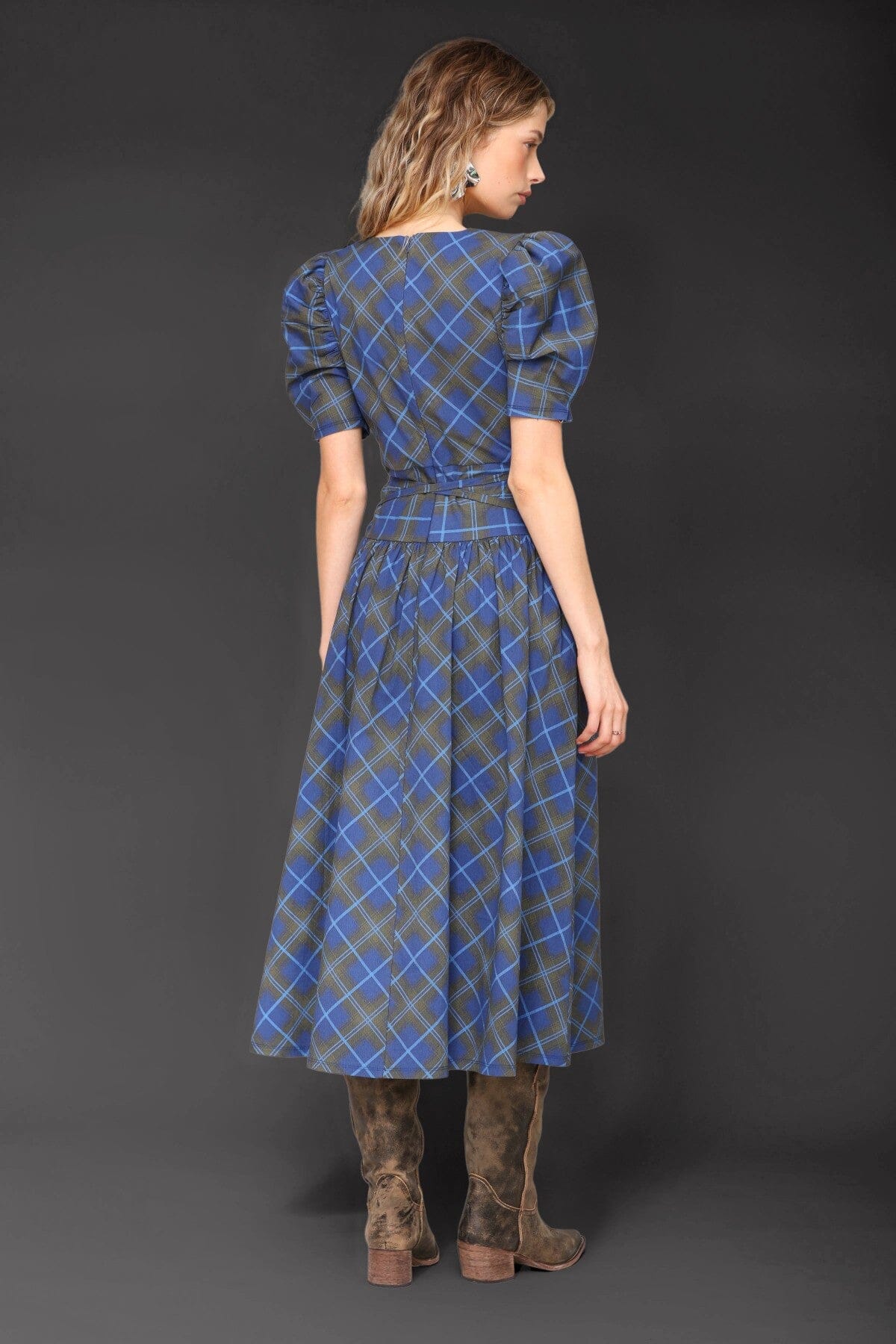 Olive blue plaid cotton puff short sleeve midi dress with wrapped waist tie and deep V-neckline - Cute women's midi dresses by Avec Les Filles
