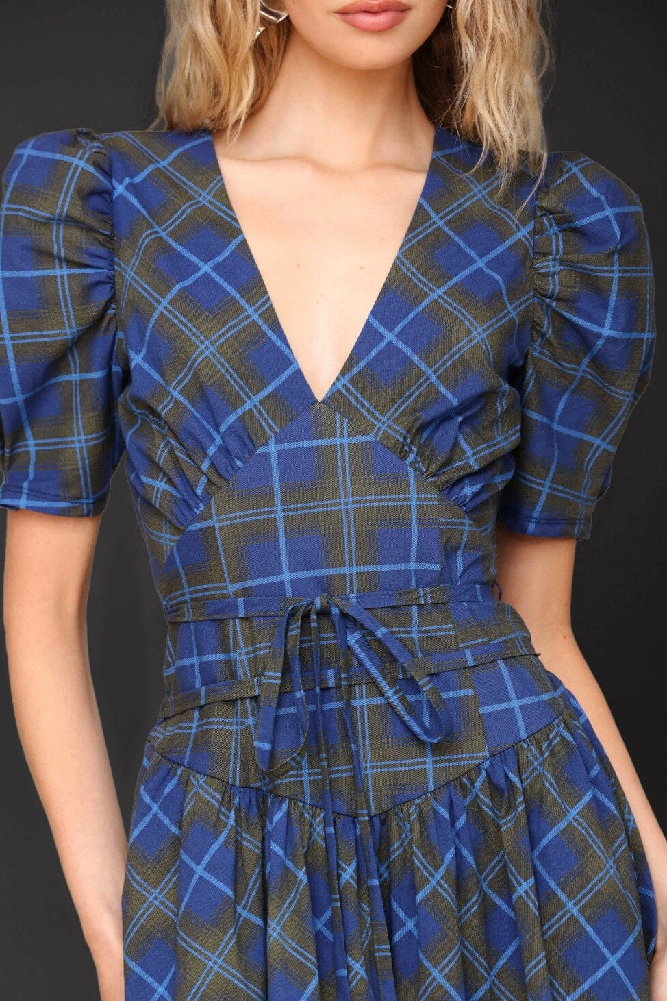 Olive blue plaid cotton puff short sleeve midi dress with wrapped waist tie and deep V-neckline - Cute women's midi dresses by Avec Les Filles