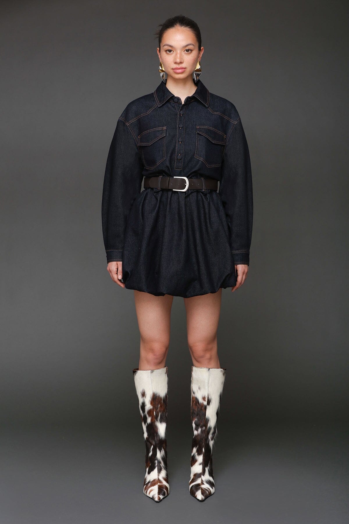 Cotton denim bubble hem dark blue shirtdress with drop shoulders and detachable faux leather belt - Cute women's shirt dresses by Avec Les Filles