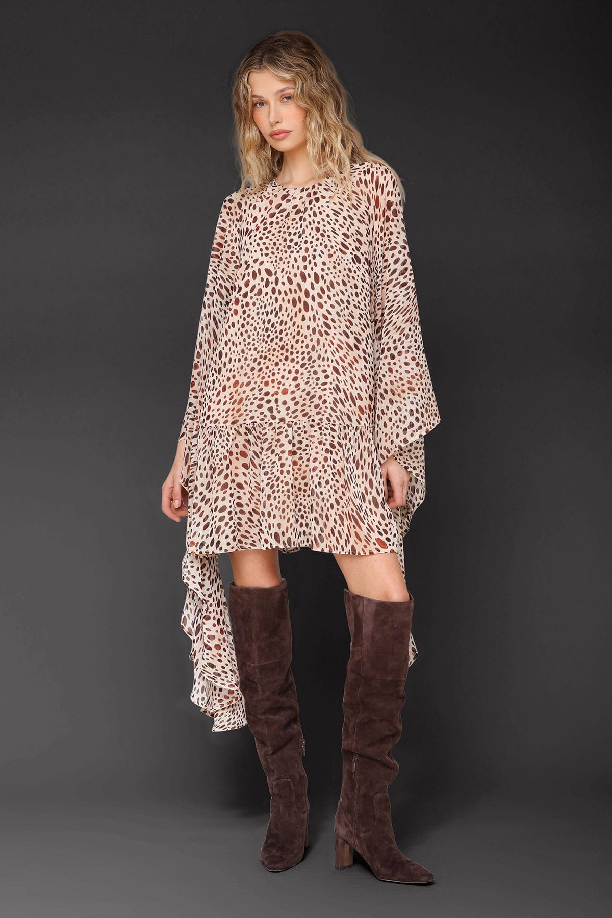 Cheetah print statement sleeve beige chiffon dress with button closure, wide crew neckline and keyhole - Cute women's dresses by Avec Les Filles