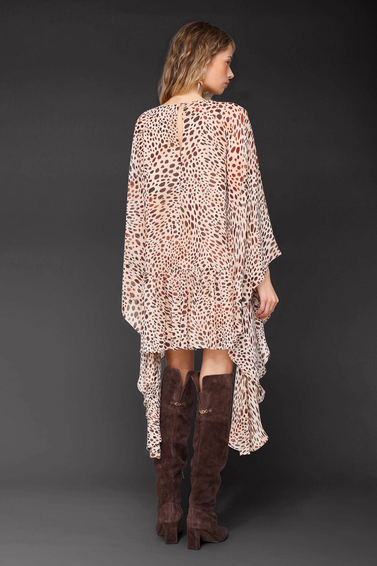 Cheetah print statement sleeve beige chiffon dress with button closure, wide crew neckline and keyhole - Cute women's dresses by Avec Les Filles
