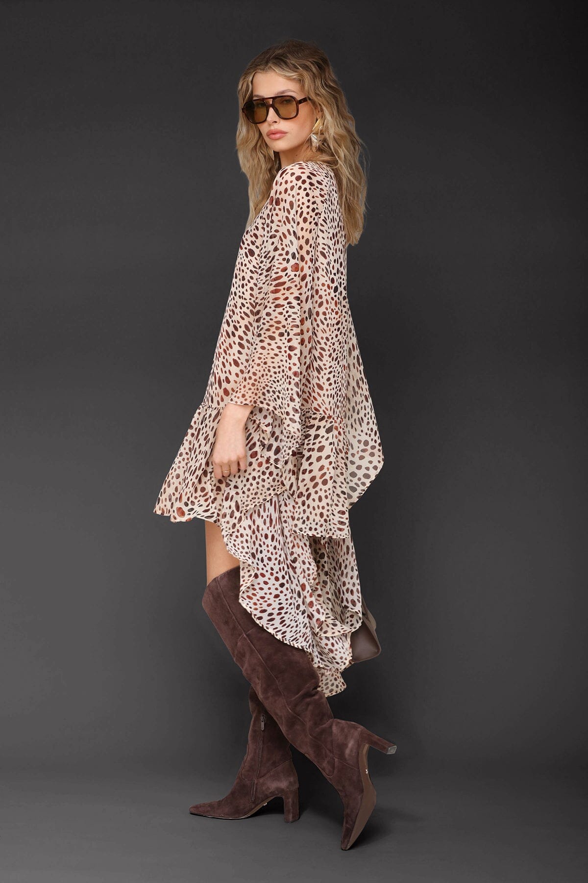 Cheetah print statement sleeve beige chiffon dress with button closure, wide crew neckline and keyhole - Cute women's dresses by Avec Les Filles