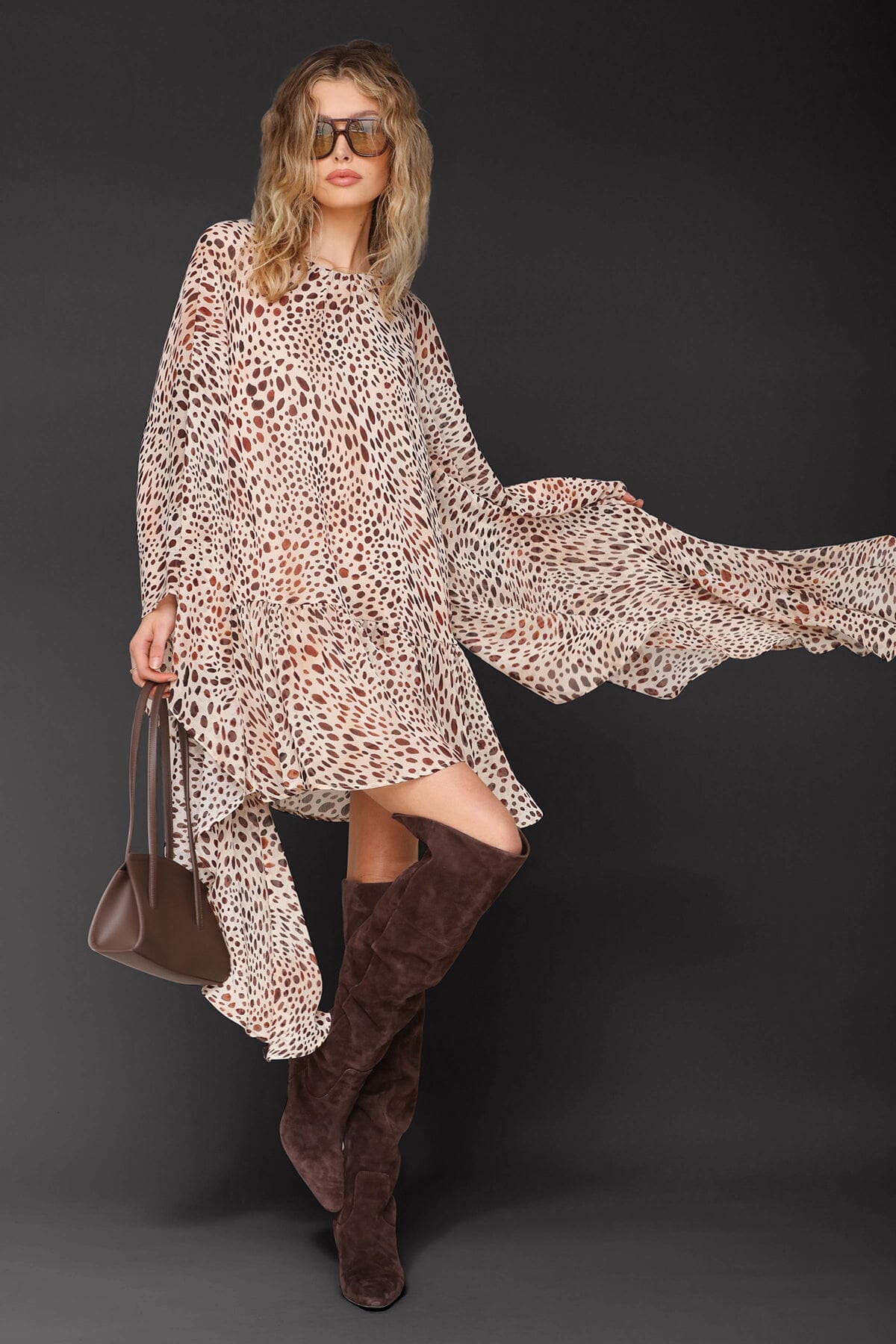 Cheetah print statement sleeve beige chiffon dress with button closure, wide crew neckline and keyhole - Cute women's dresses by Avec Les Filles