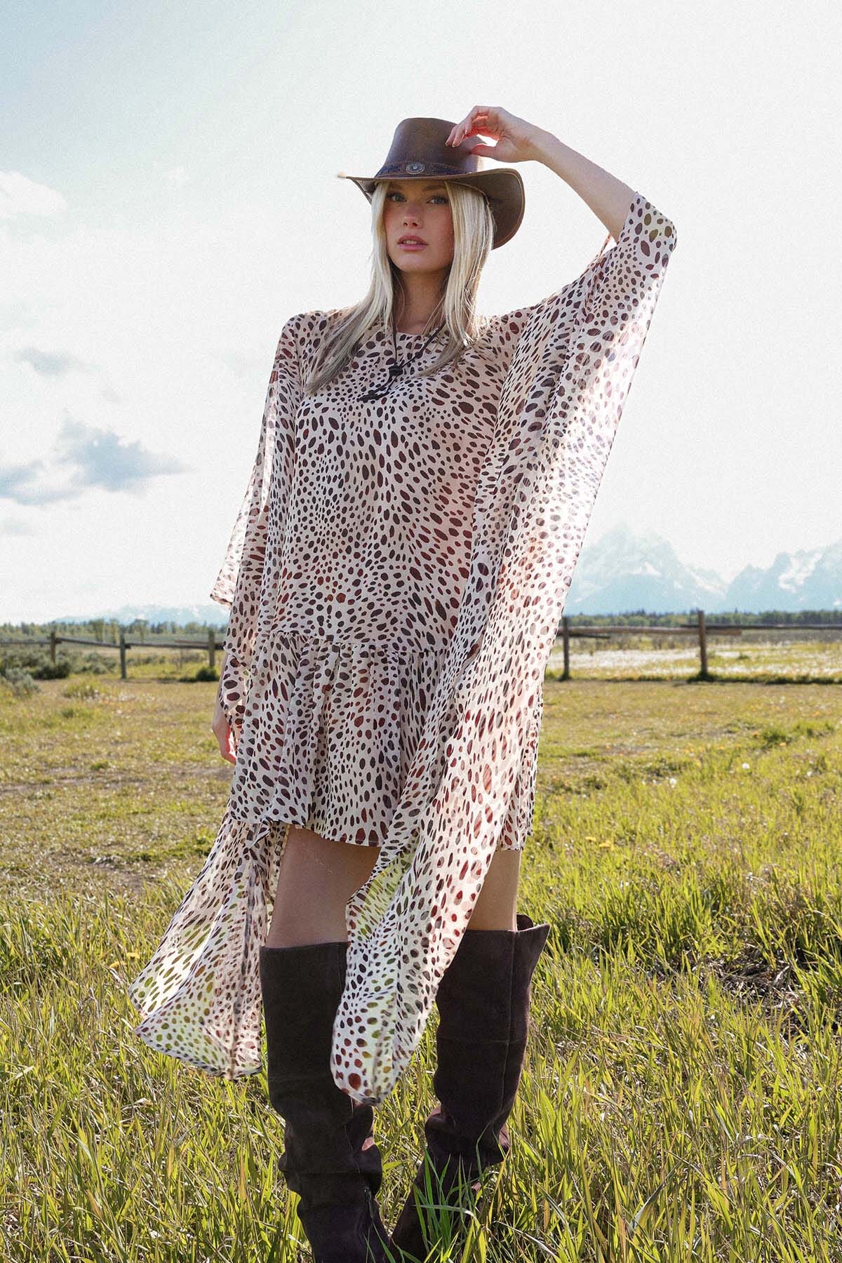 Cheetah print statement sleeve beige chiffon dress with button closure, wide crew neckline and keyhole - Cute women's dresses by Avec Les Filles